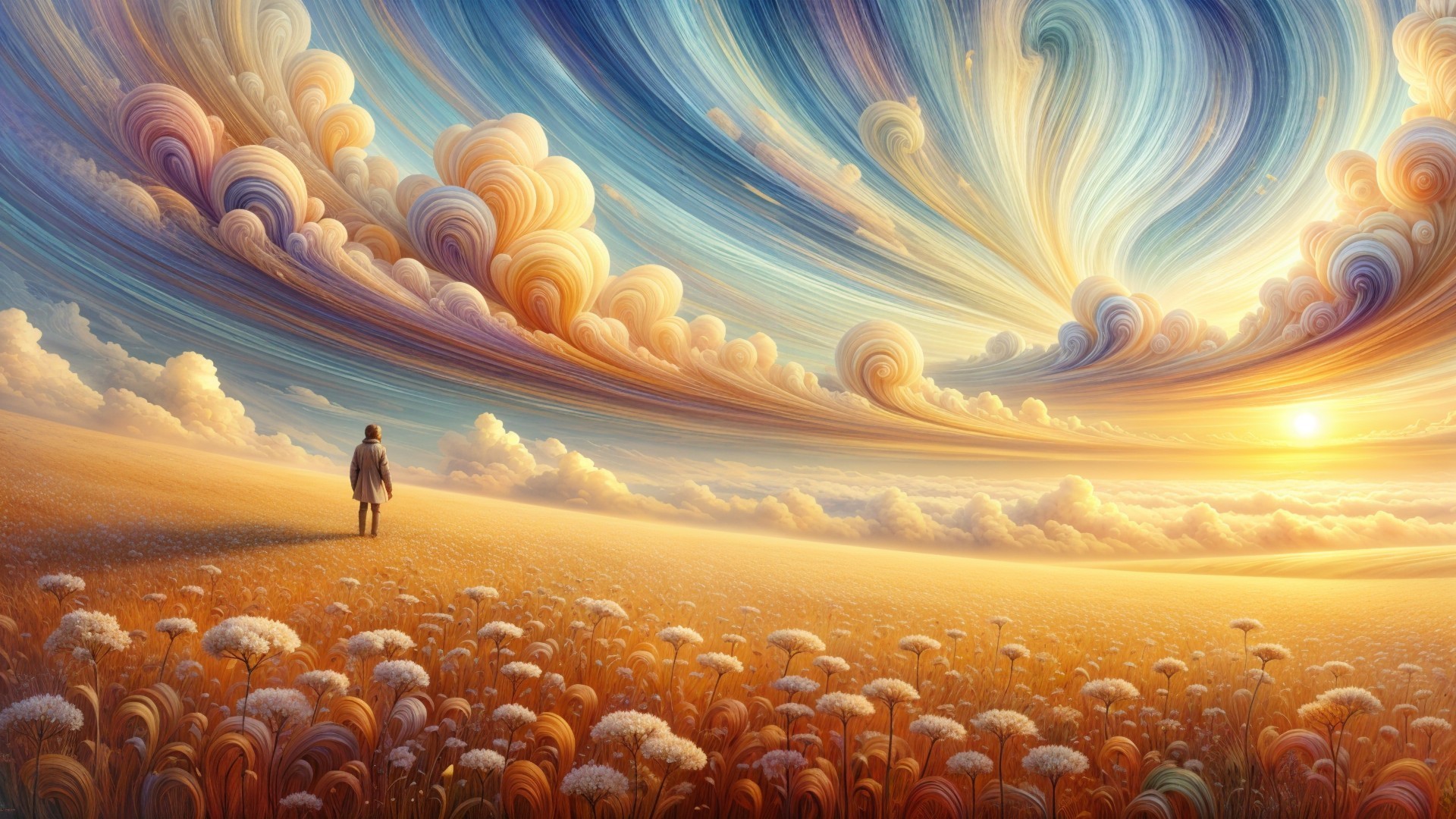 Golden Field with Colorful Sky at Sunset
