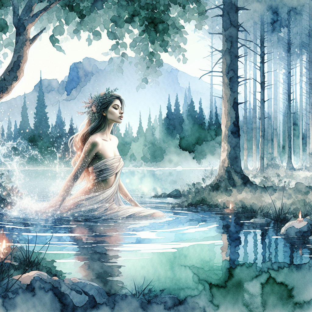 Mystical Figure Emerges from Tranquil Lake Scene