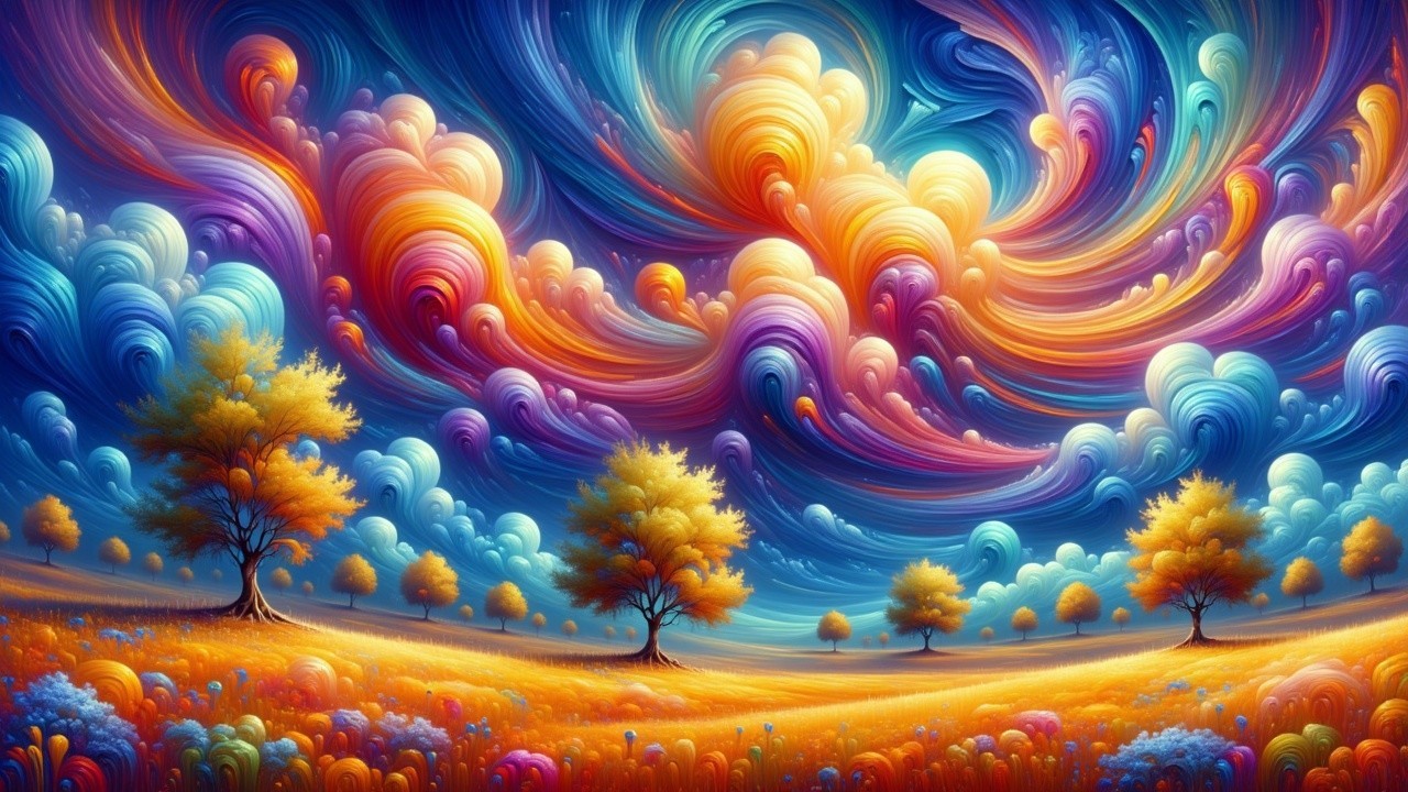 Vibrant Landscape with Colorful Clouds and Fields