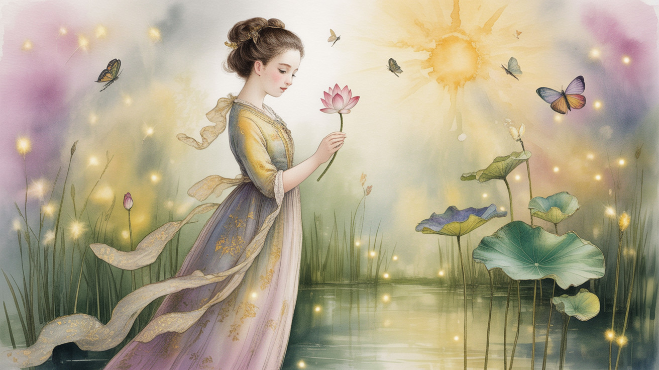 Young Woman by Tranquil Pond with Lotus Flower
