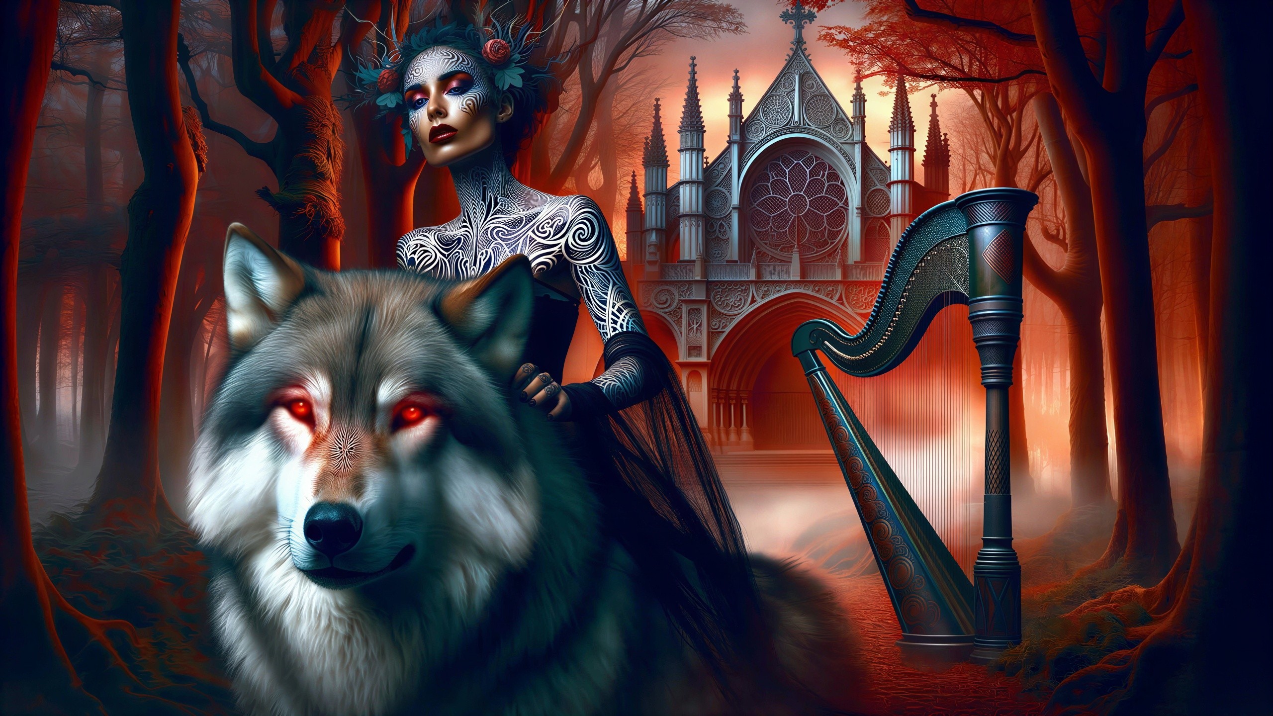 Mythical woman and wolf in a magical forest scene