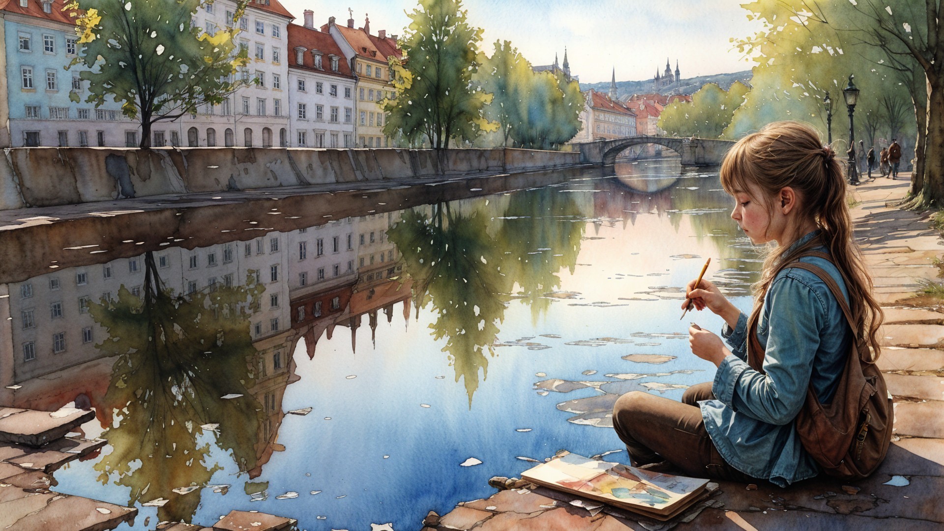 Young Girl Sketching by a Tranquil Canal Scene