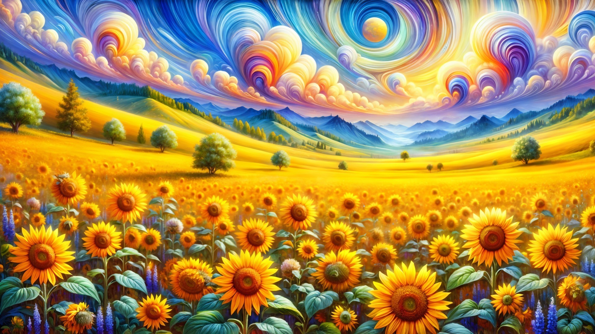 Vibrant Sunflower Field Under Colorful Sky