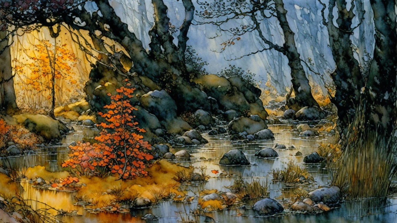 Serene Forest Scene with Stream and Autumn Foliage