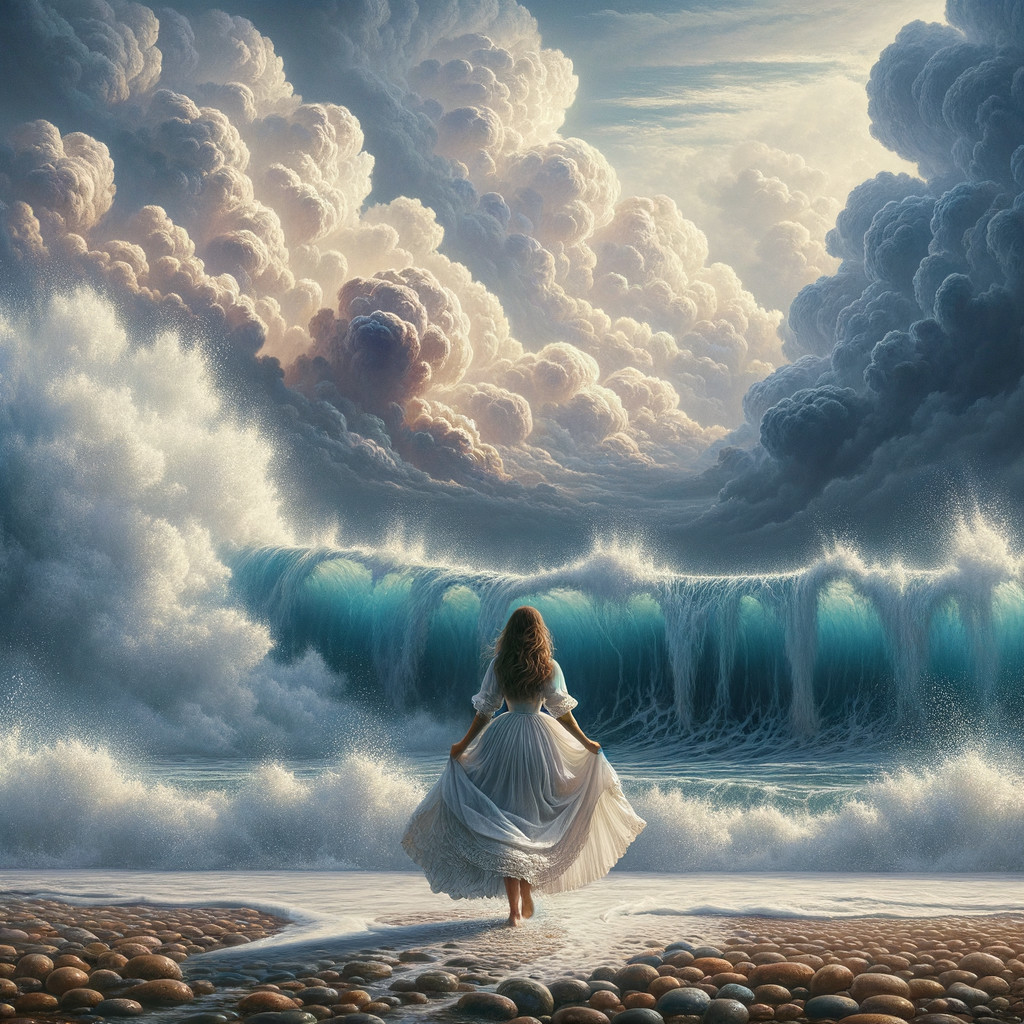 Woman in White Dress on Serene Beach with Waves