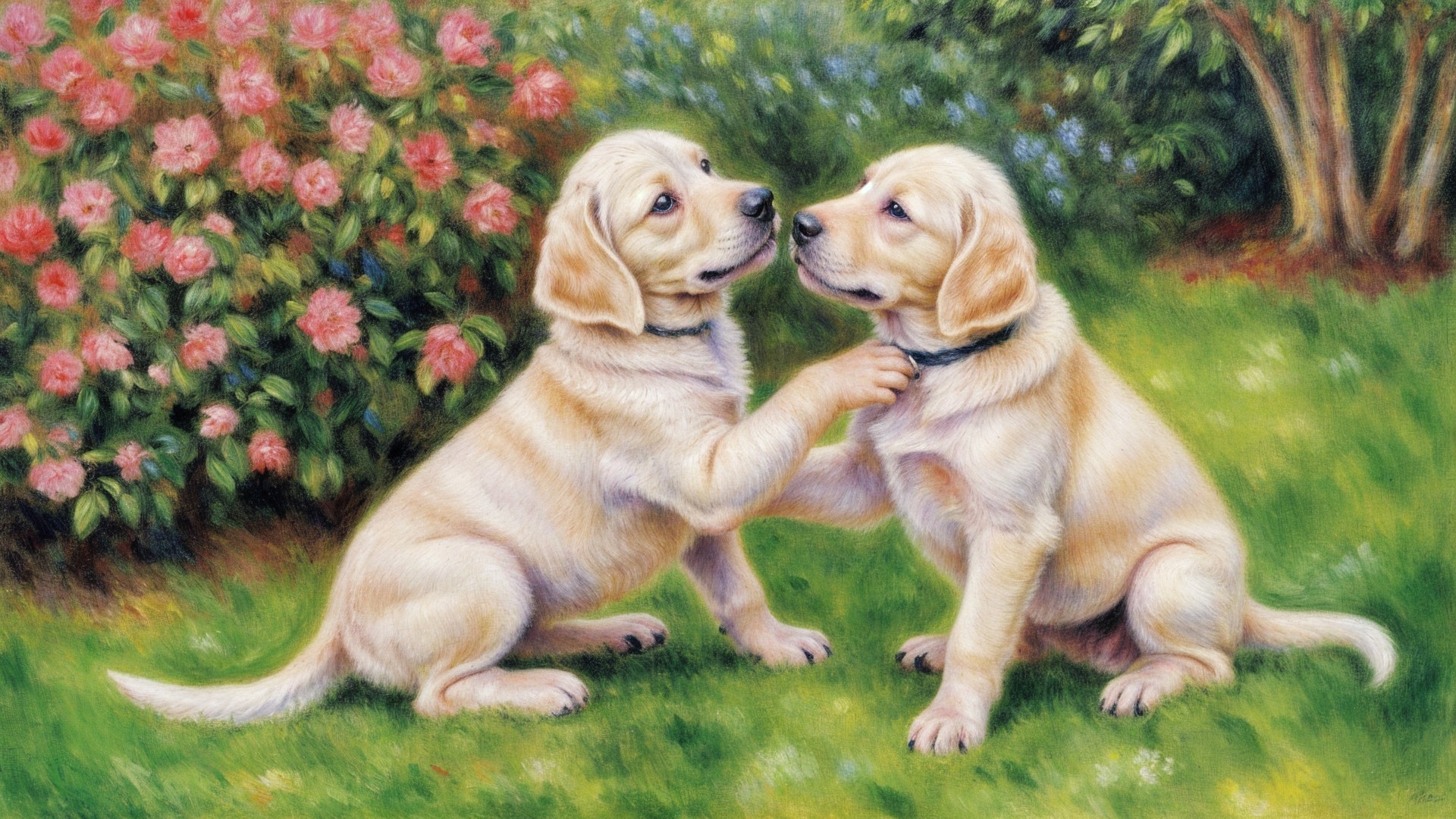Golden Retriever Puppies Play in Lush Garden Setting