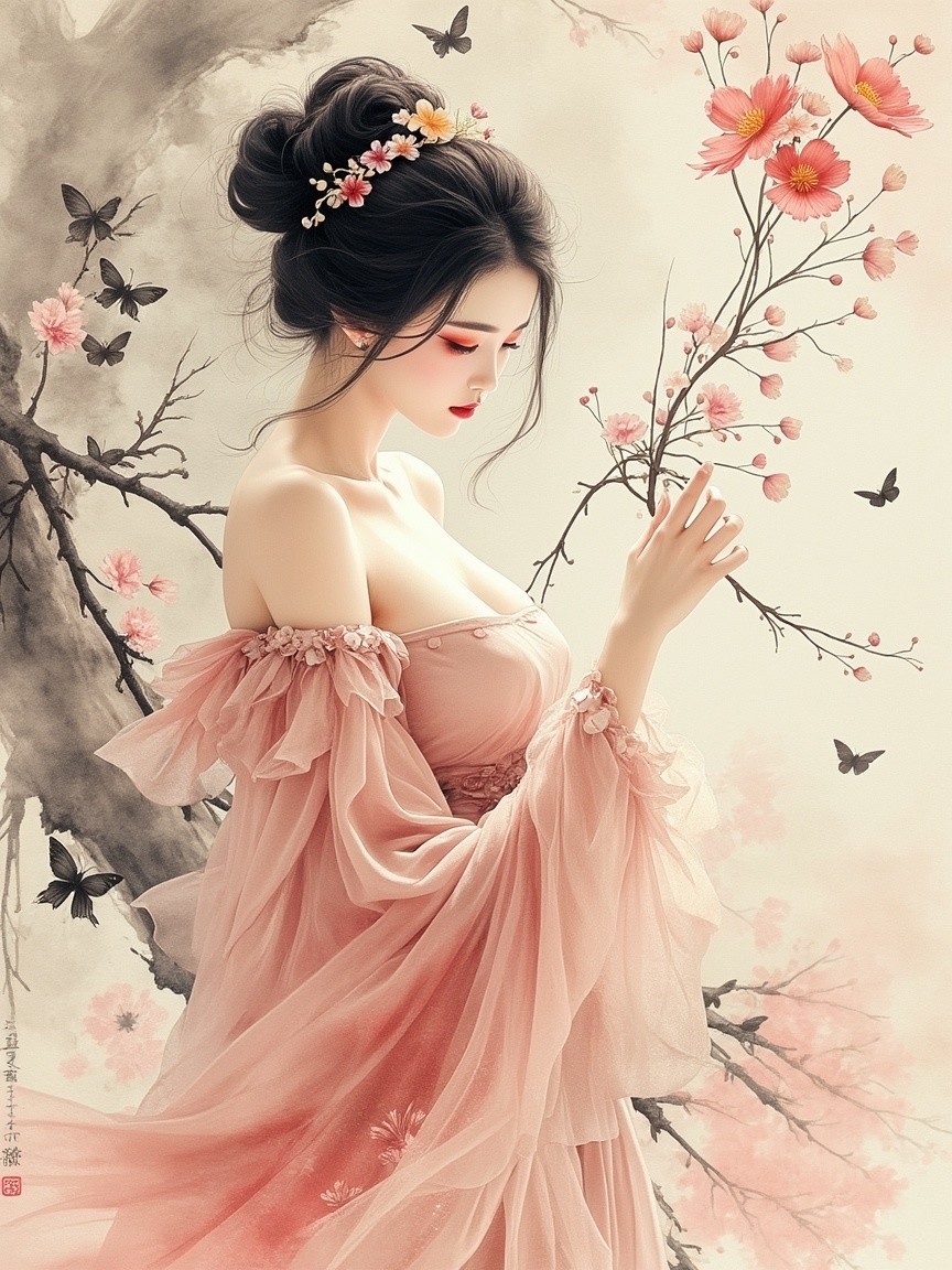 Graceful Woman in Pink Gown Among Cherry Blossoms