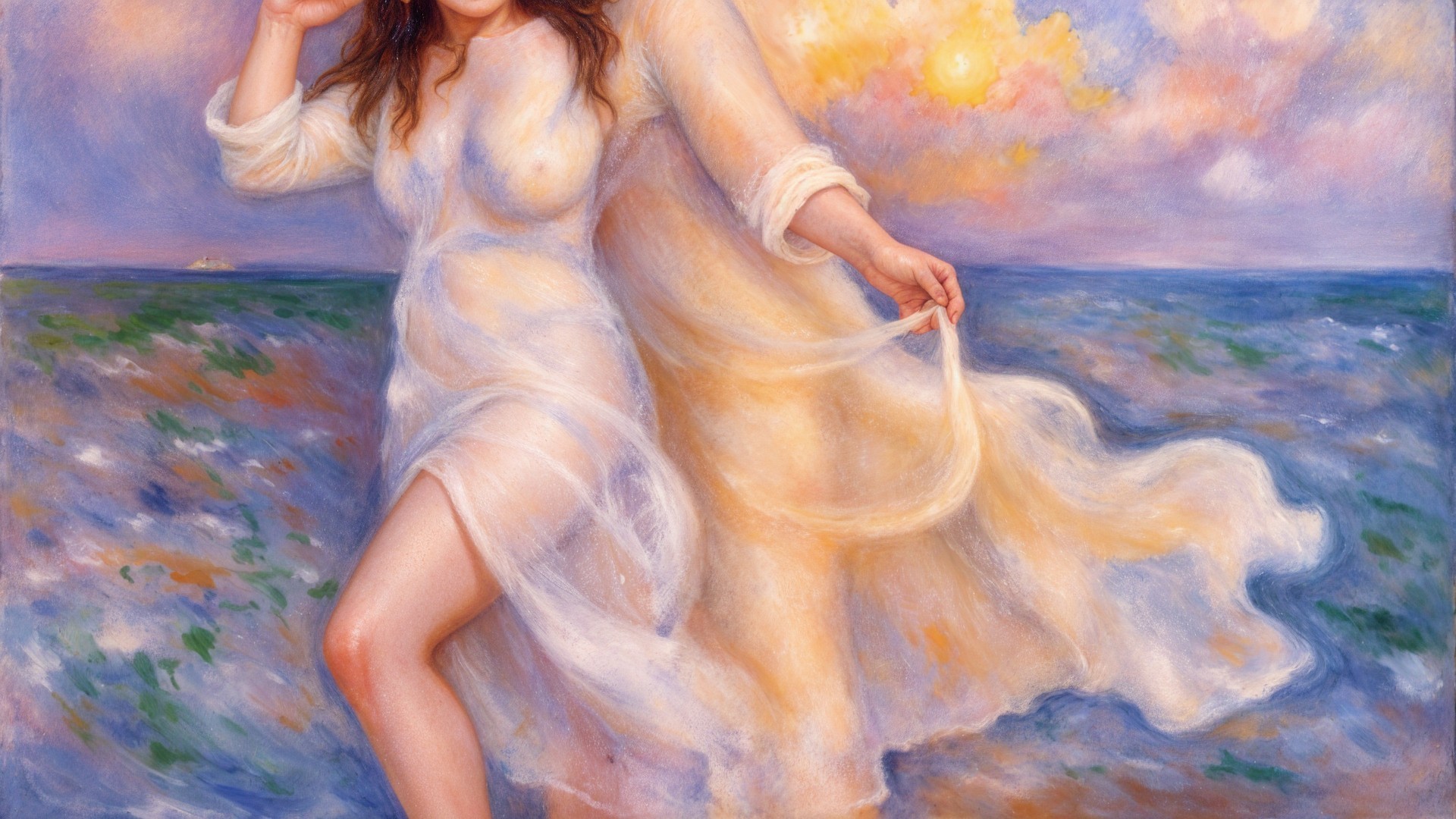 Woman in Translucent Dress by Ocean at Sunset