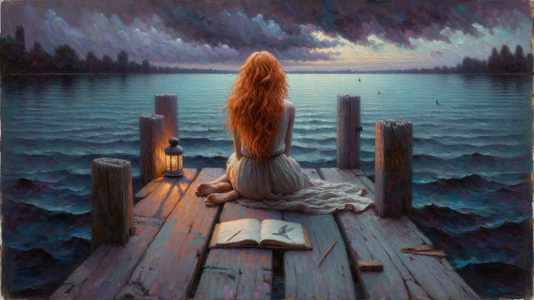 Dusk Scene of a Woman by a Calm Lake with Lantern