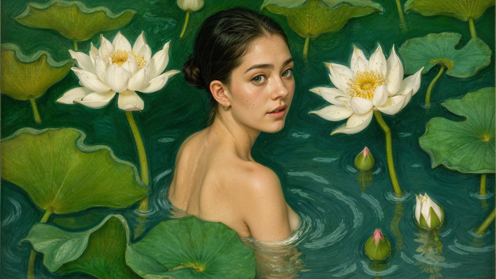 Young Woman in Tranquil Pond with Lotus Flowers