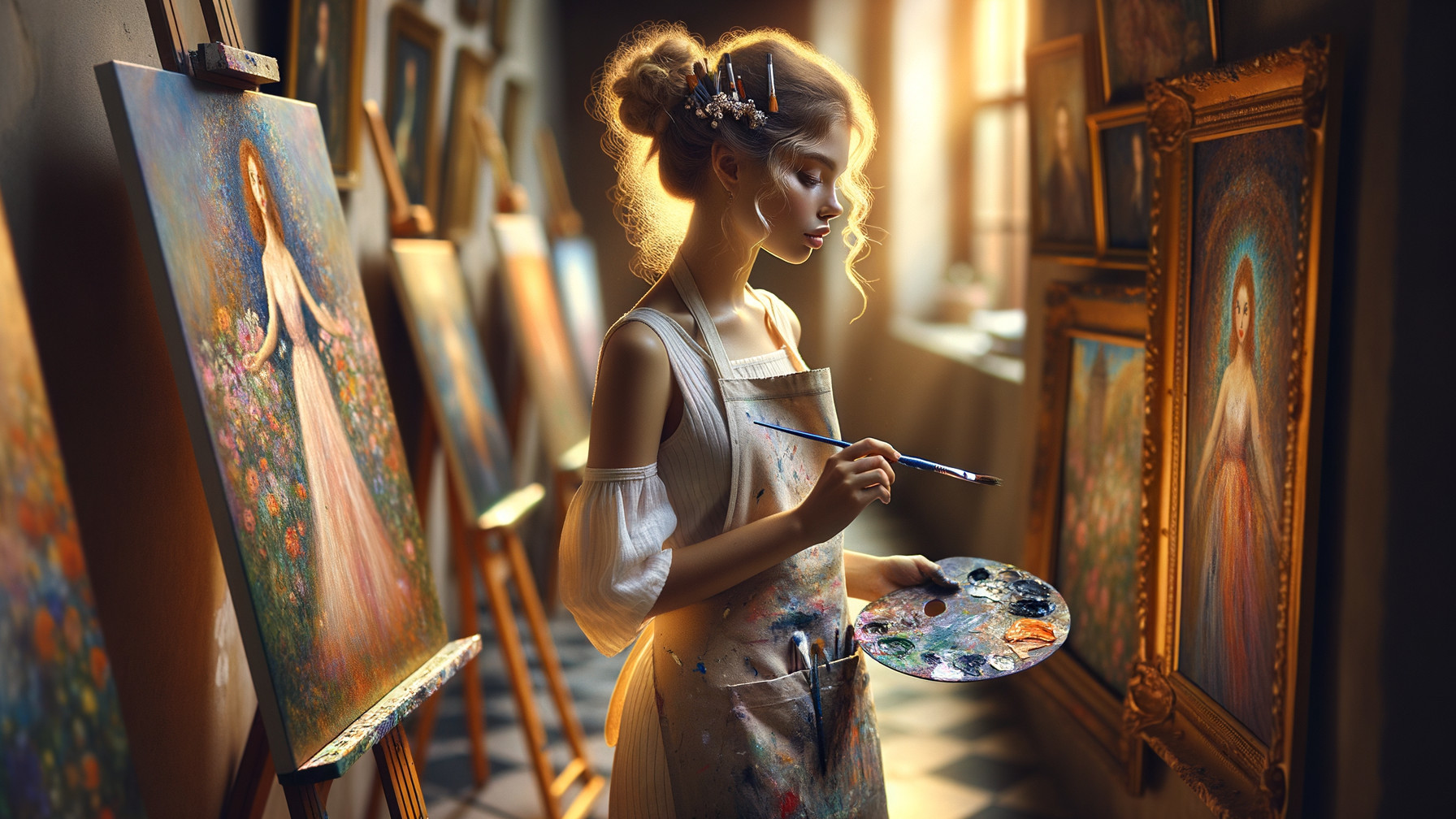 Young Artist in Colorful Sunlit Art Studio