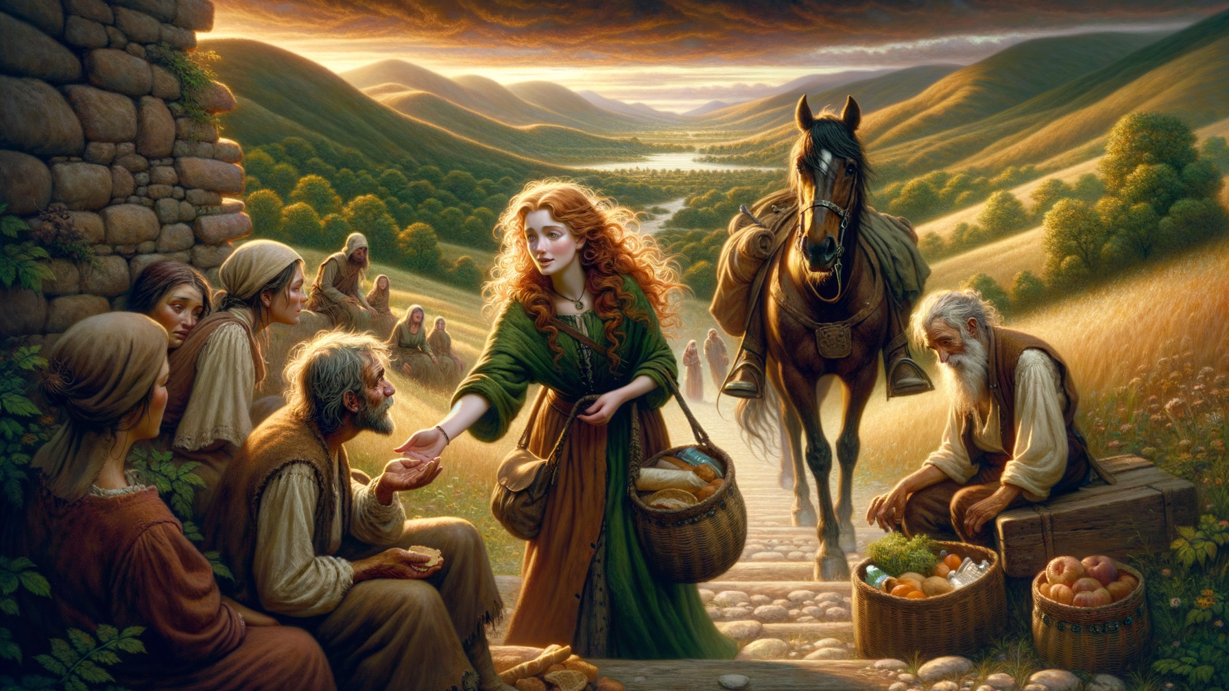 Young woman in green dress interacts with elderly man