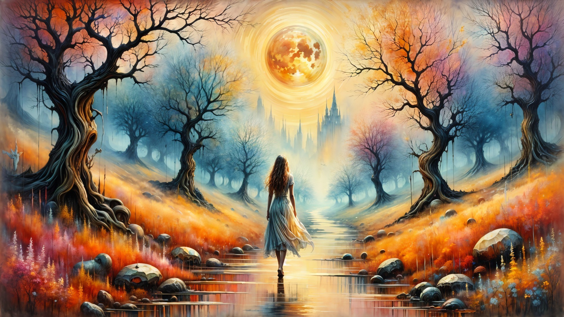 Dreamscape with Woman by Waterway and Castle