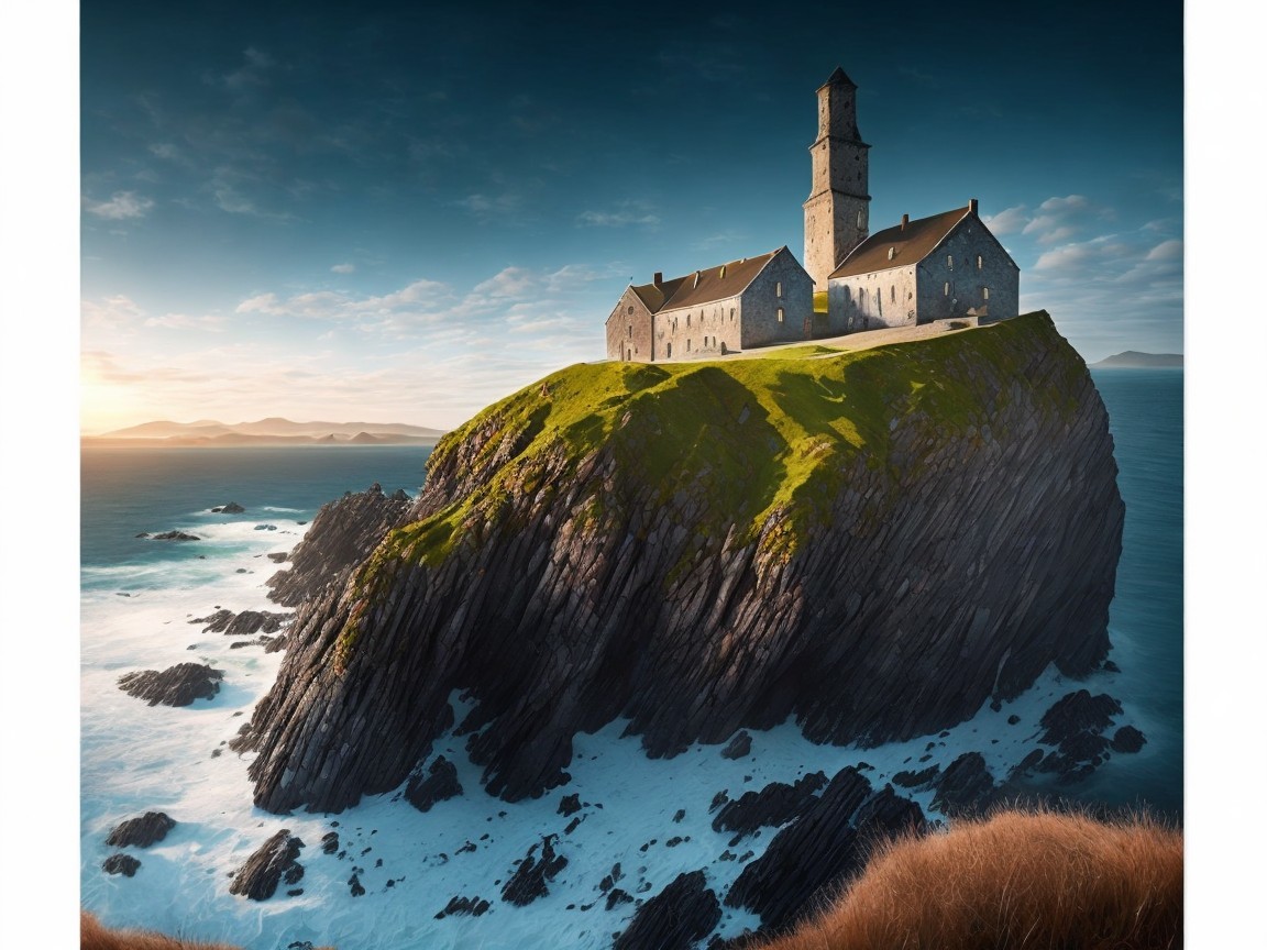 Remote castle on a cliff by the vibrant blue sea