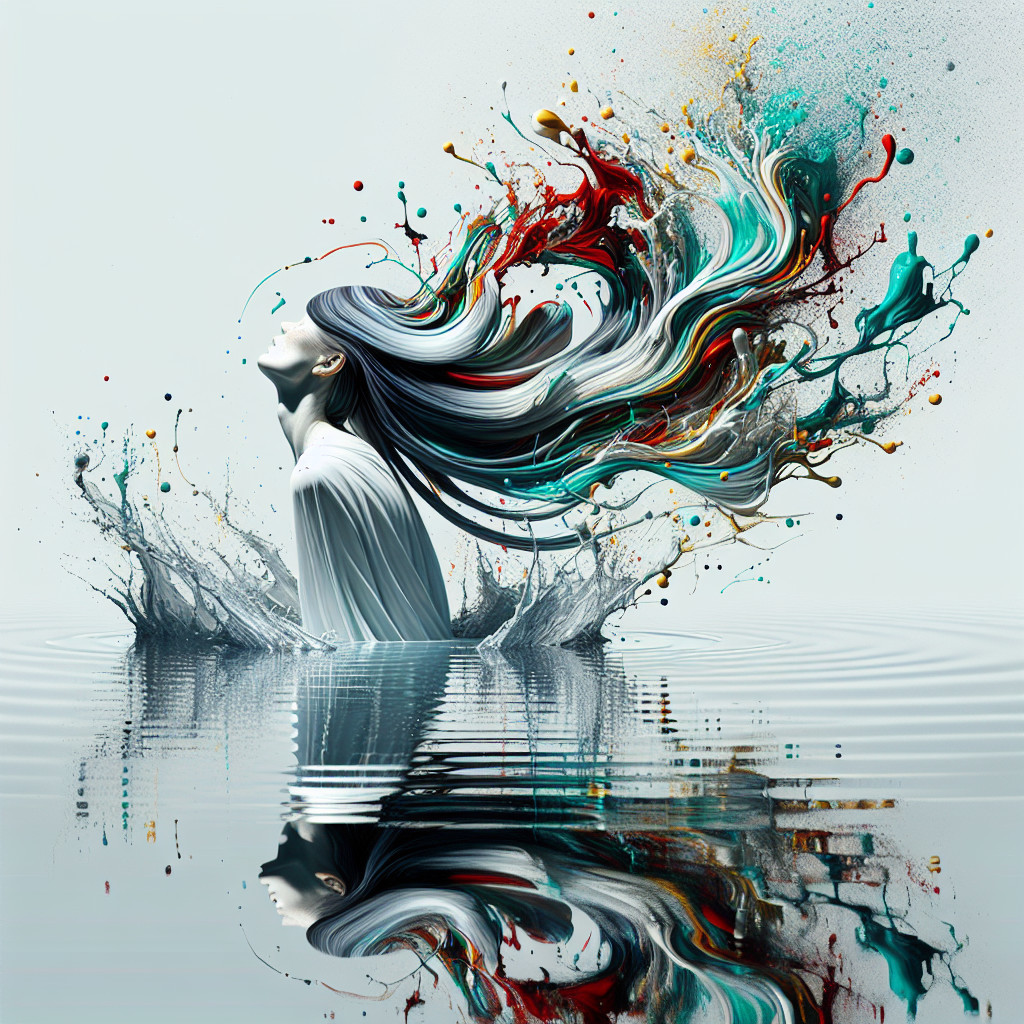 Serene Figure in Water Surrounded by Colorful Paints