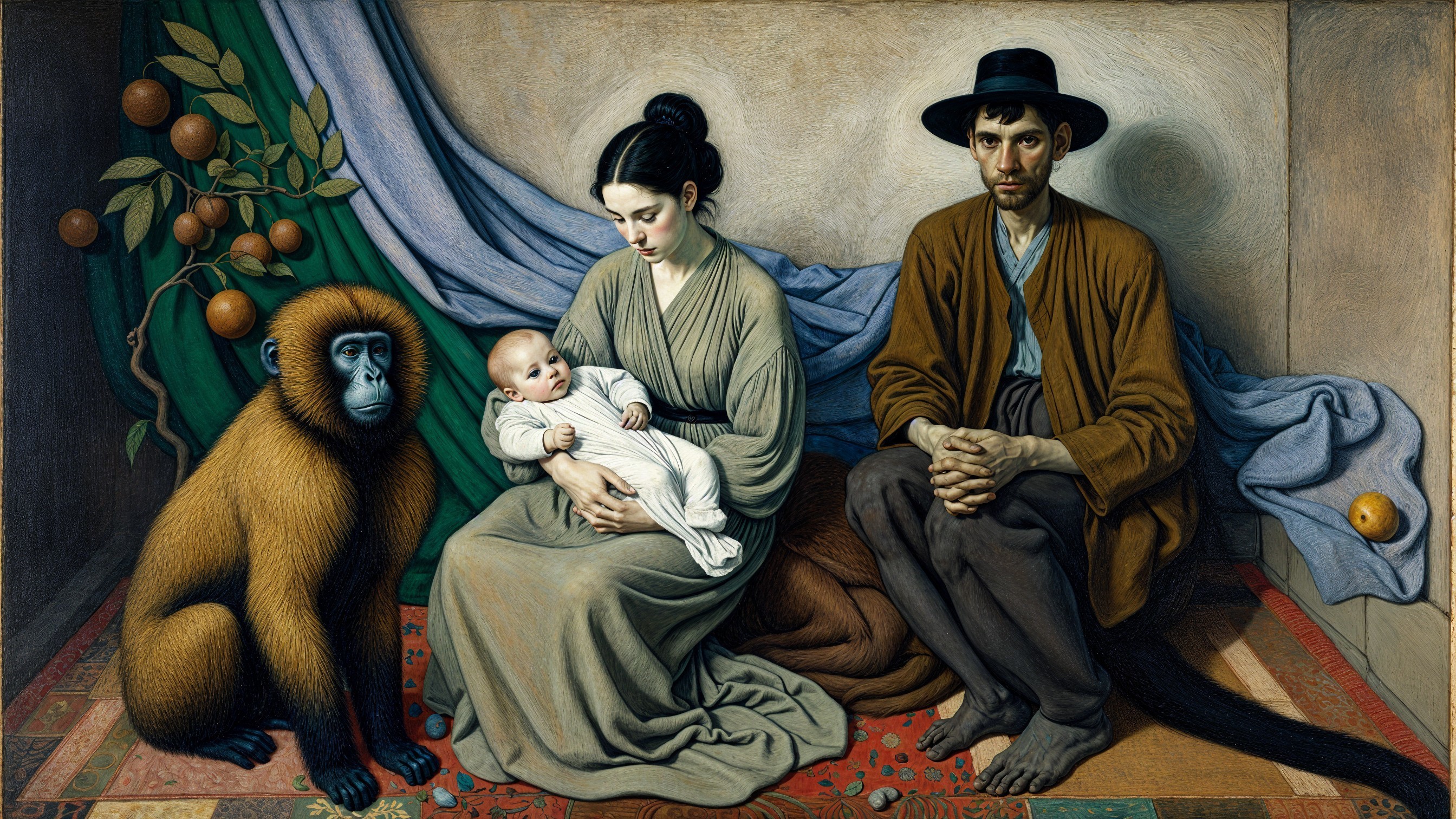 Serene Family Scene with Woman, Baby, and Monkey