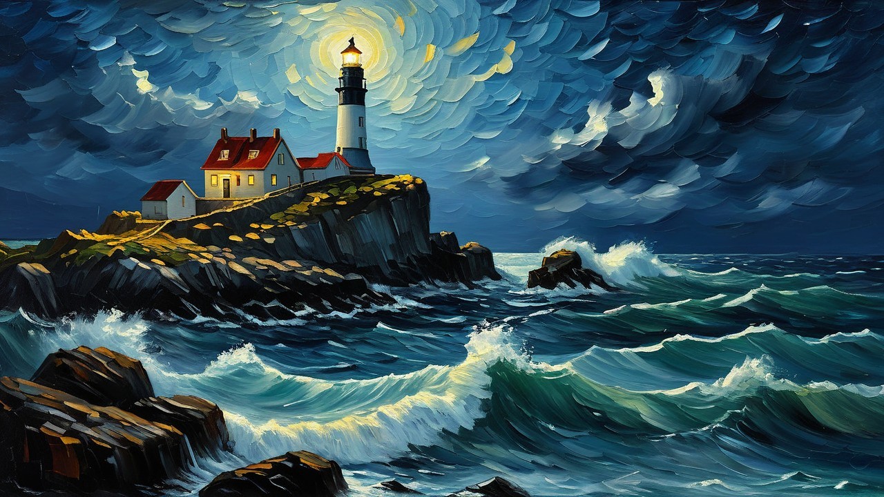 Vibrant Impressionistic Lighthouse on Rocky Cliff