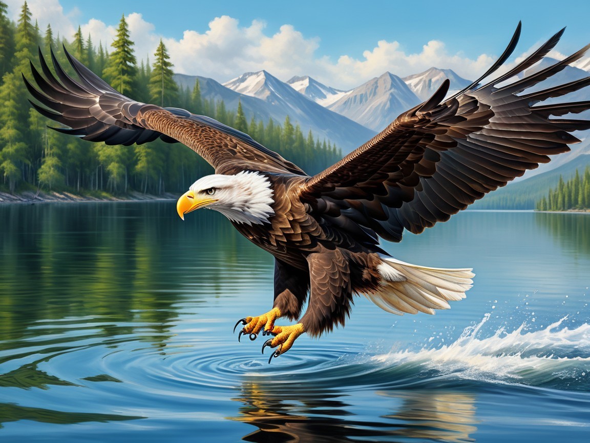 Bald Eagle Soaring Over Serene Lake and Mountains