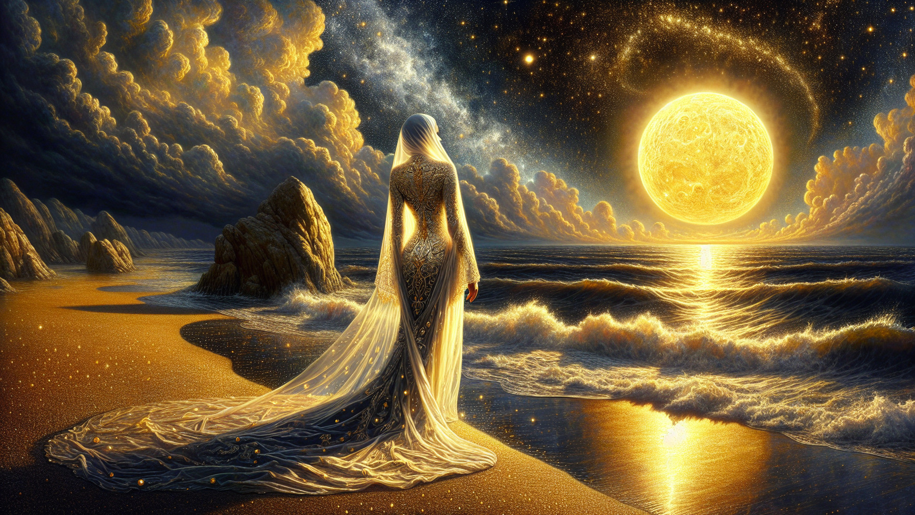 Woman in Translucent Dress on Beach at Night