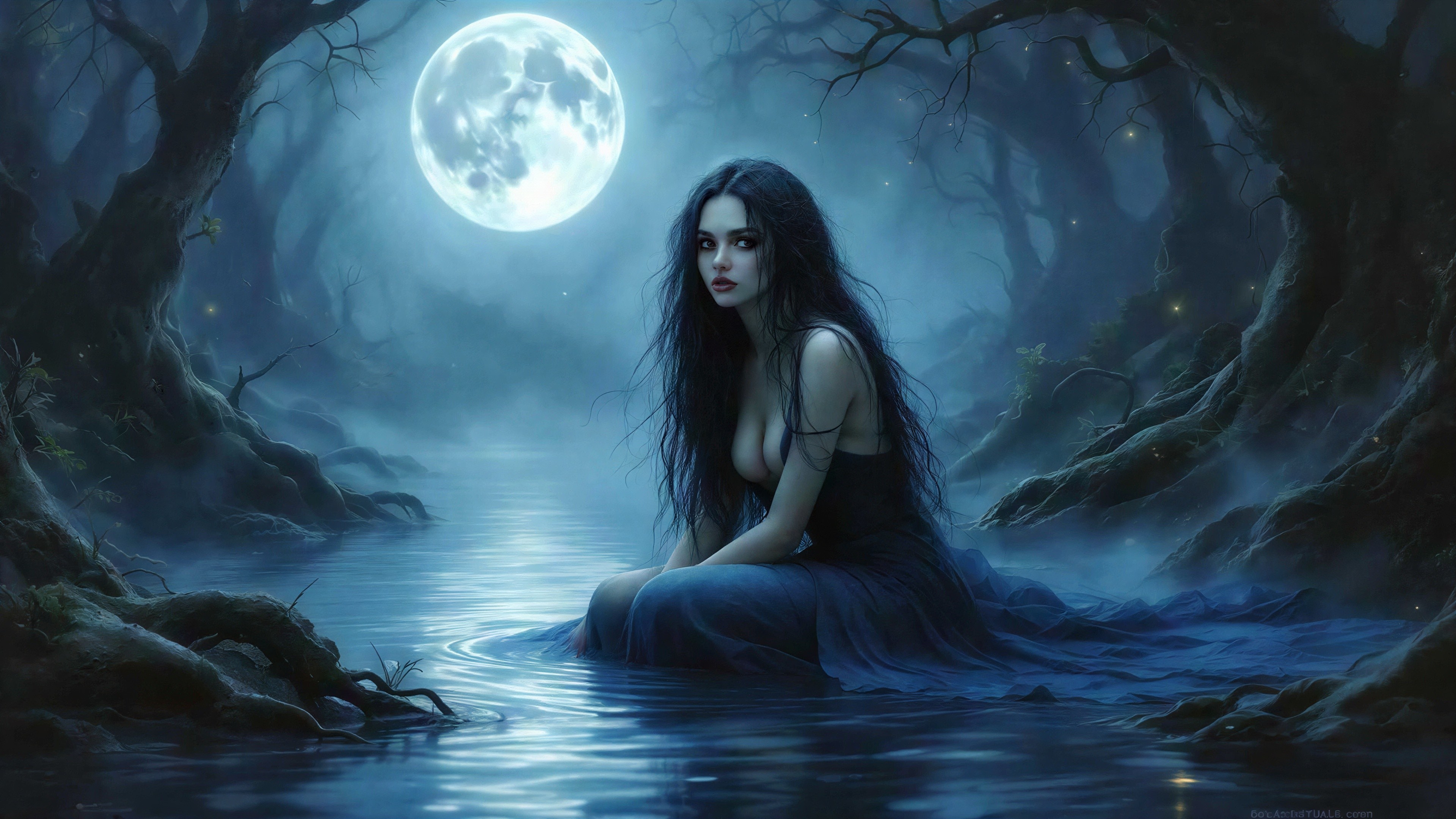 Ethereal Woman in Misty Forest by Moonlit Water