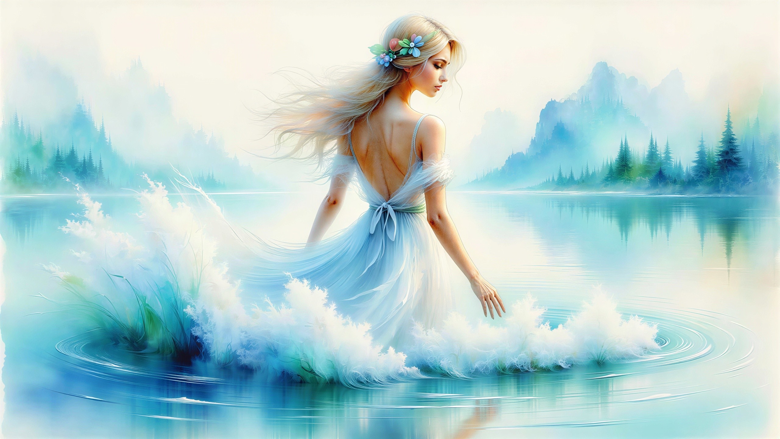 Graceful Woman in Lake Surrounded by Nature's Beauty