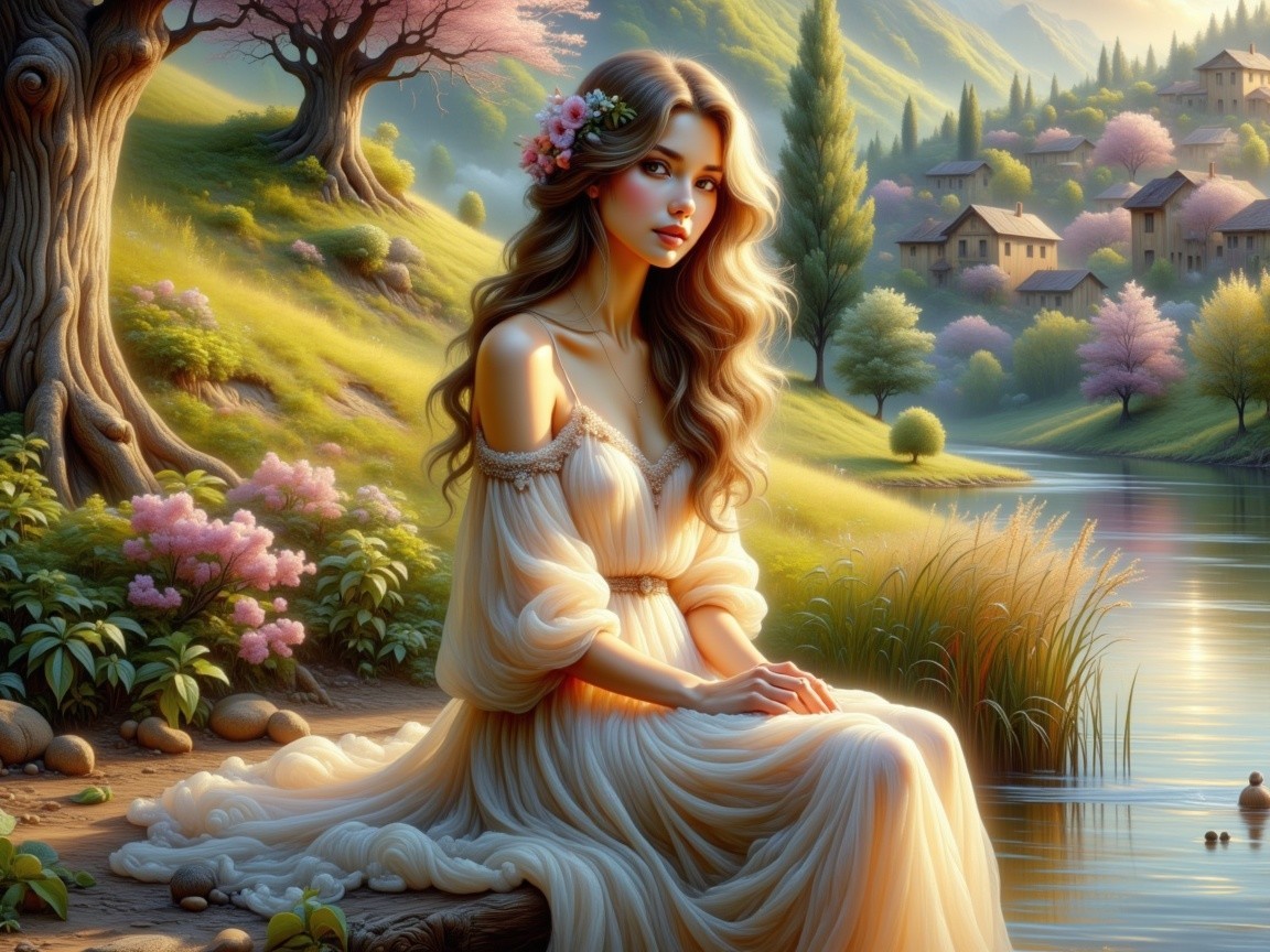 Young Woman by Tranquil Pond in Serene Landscape