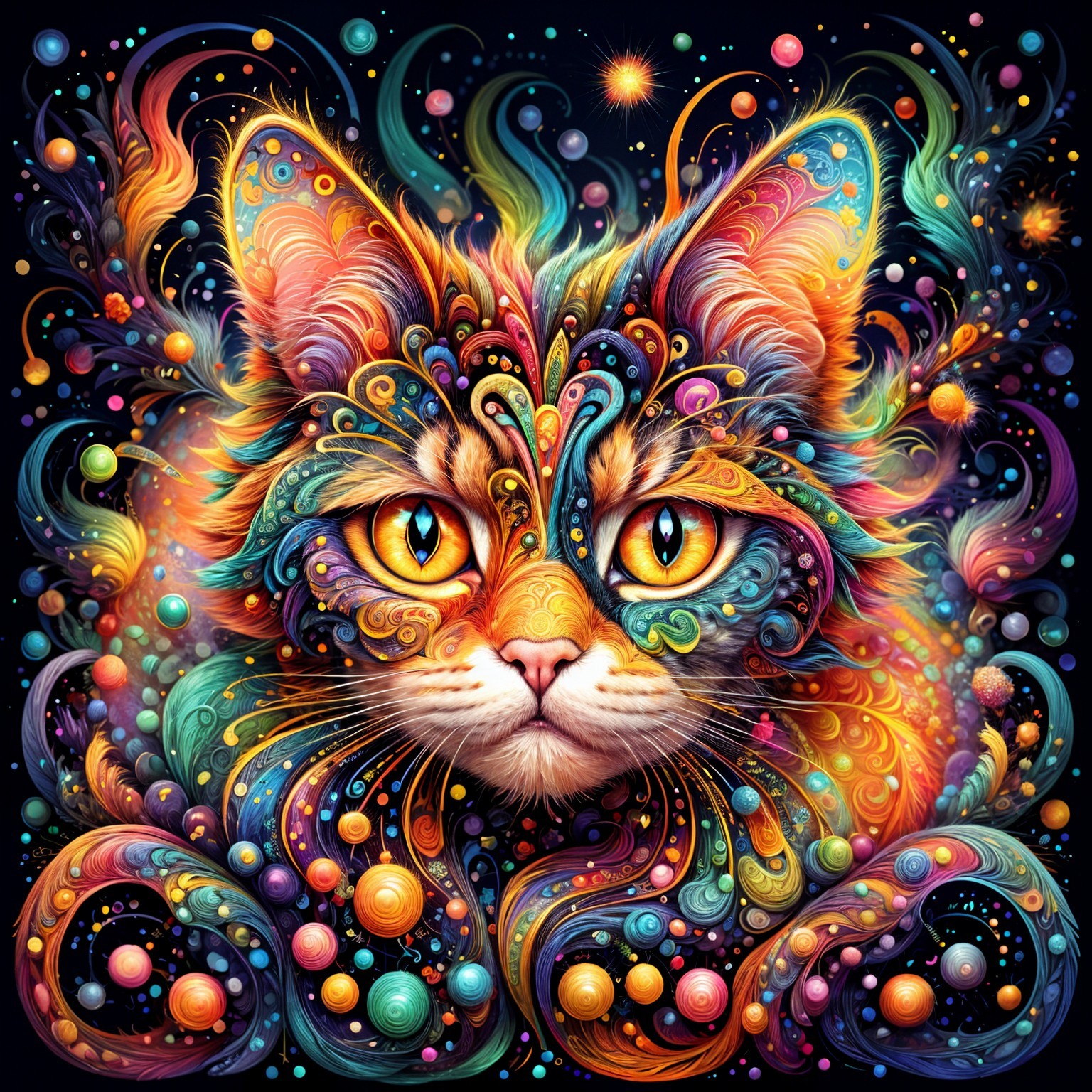Psychedelic Cat Face with Colorful Swirls and Patterns