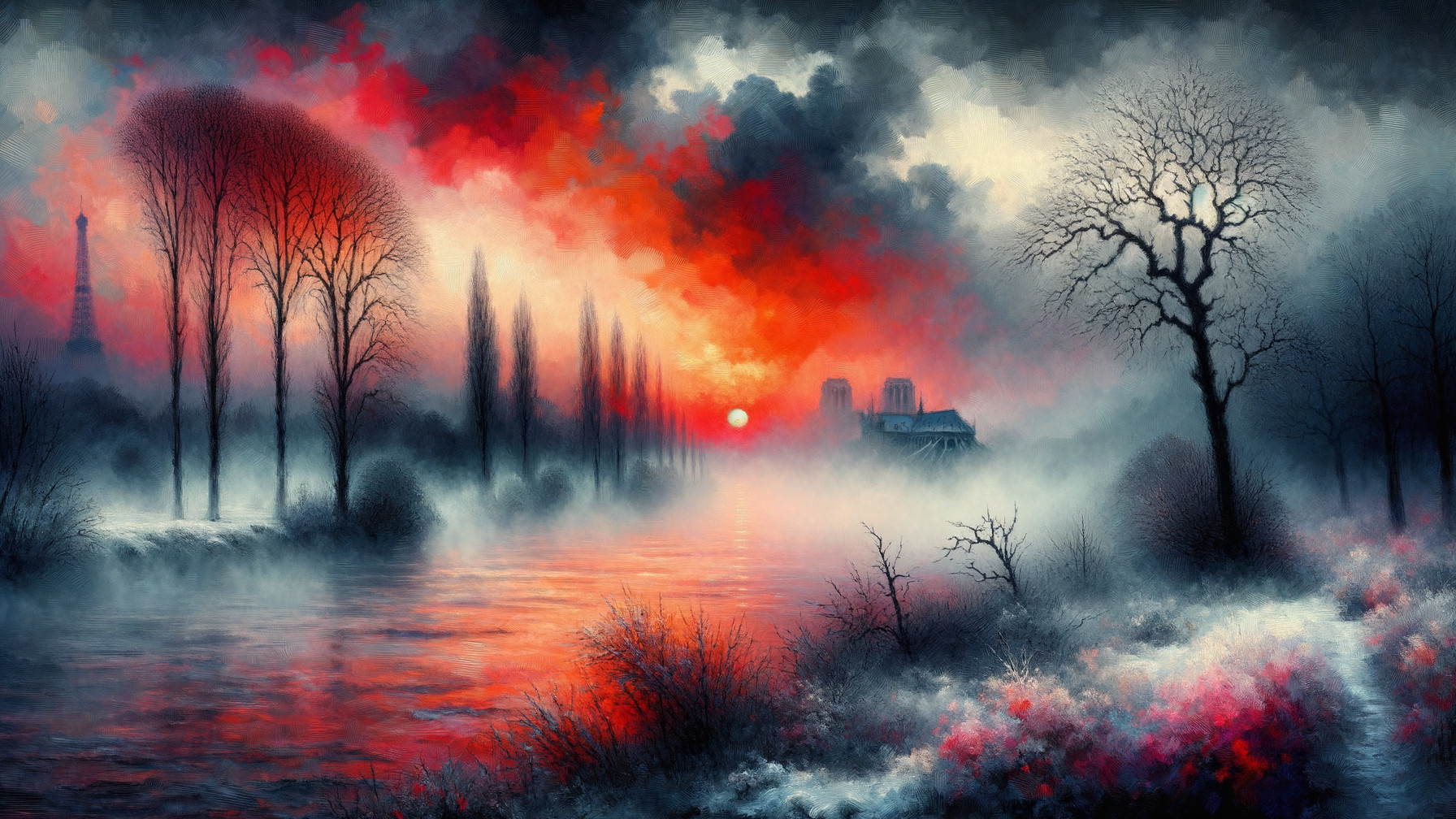 Dramatic sunset over misty river with silhouetted trees