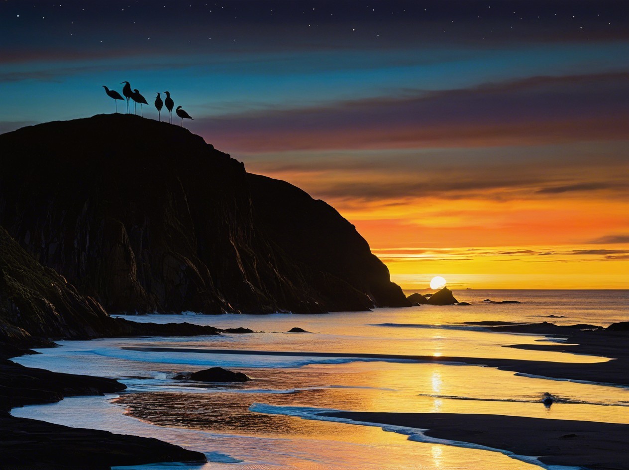 Vibrant Sunset Over Ocean with Silhouetted Birds