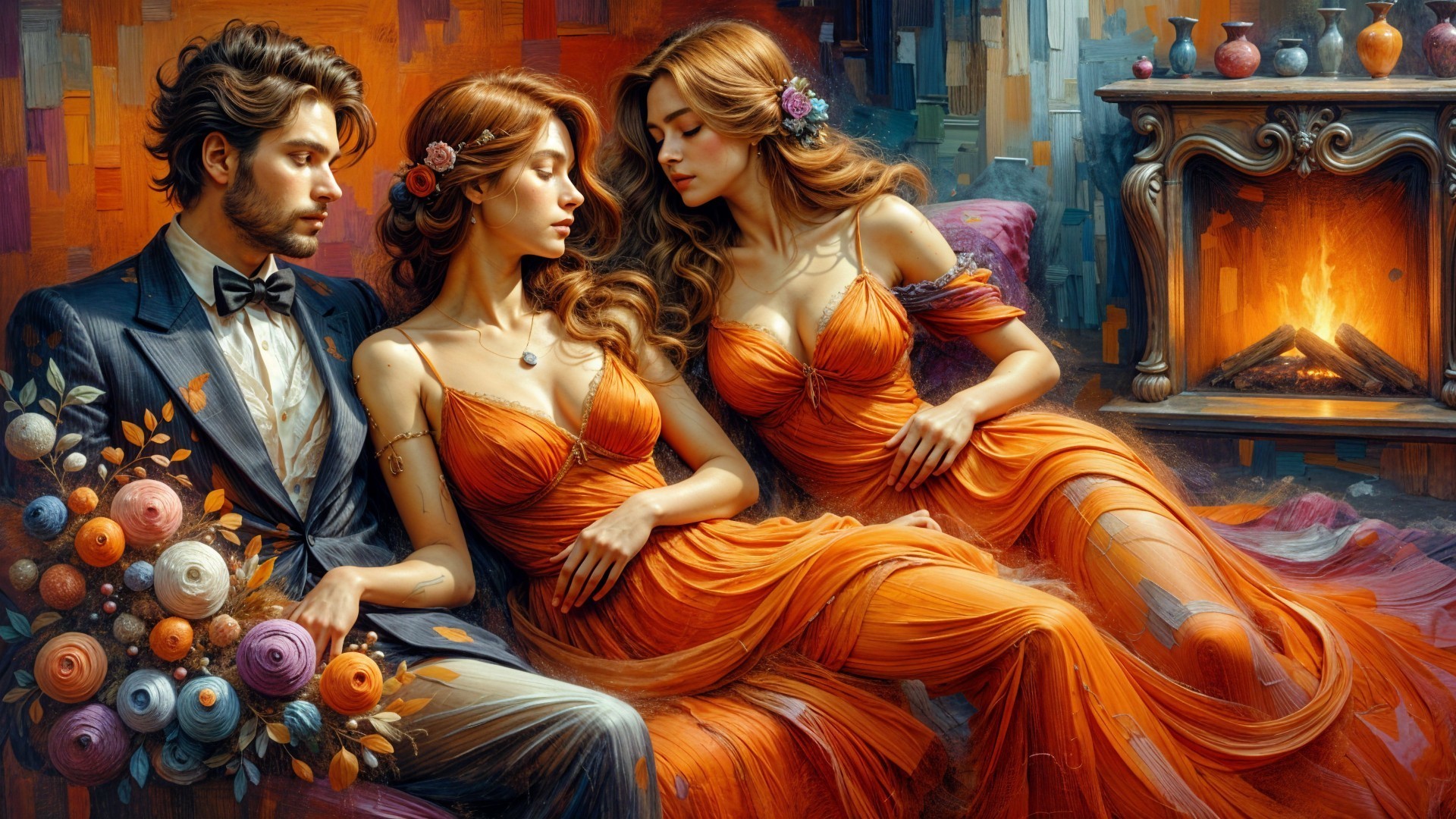 Elegant Gathering by a Fireplace with Colorful Attire