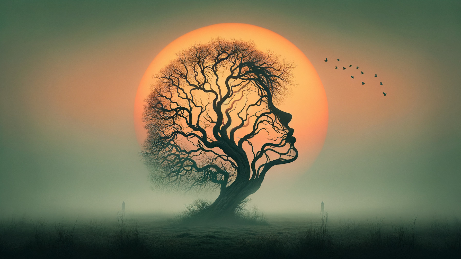 Surreal Tree Shaped Like Woman's Profile Under Sun