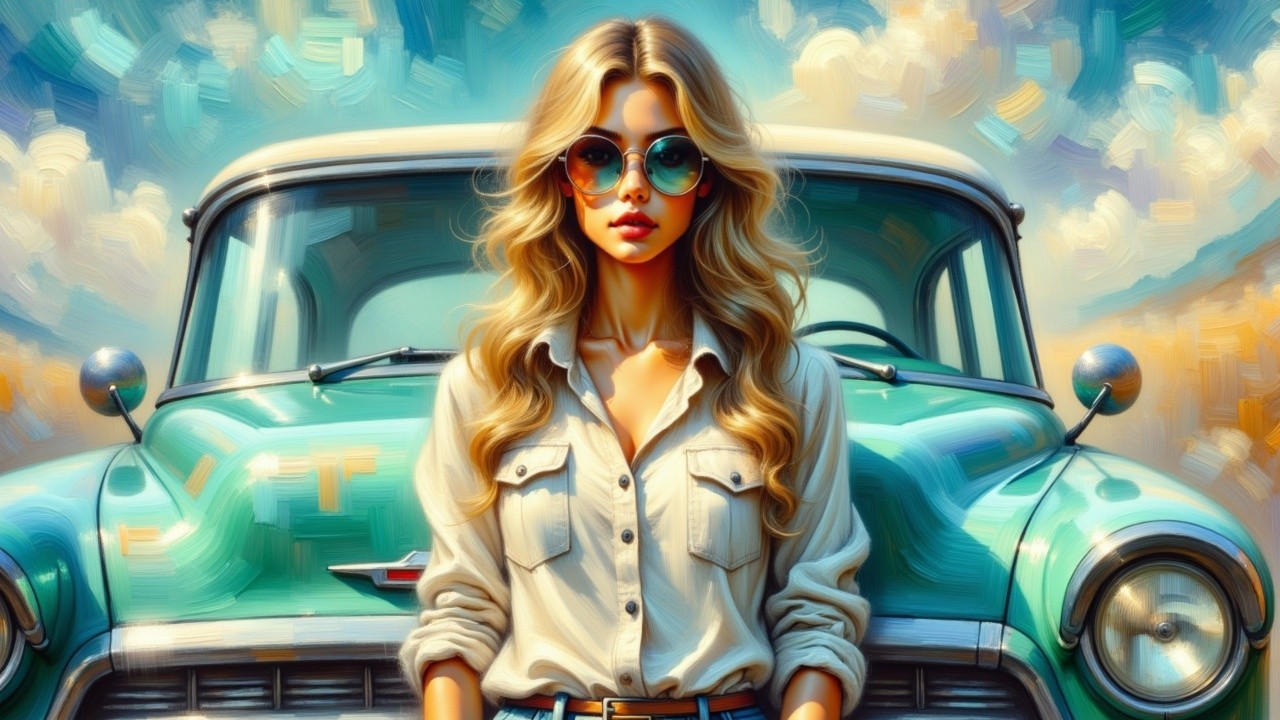 Stylish Woman with Vintage Car in Nostalgic Setting