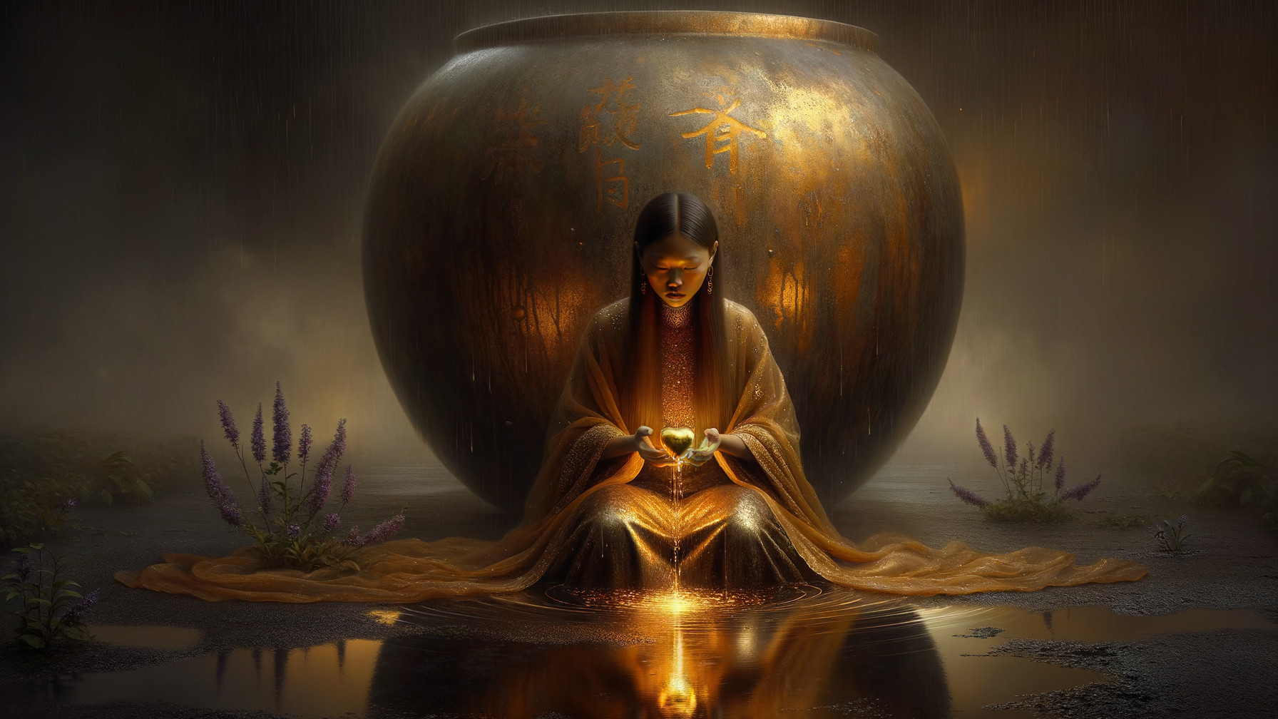 Mystical Figure with Hearts in Serene Setting
