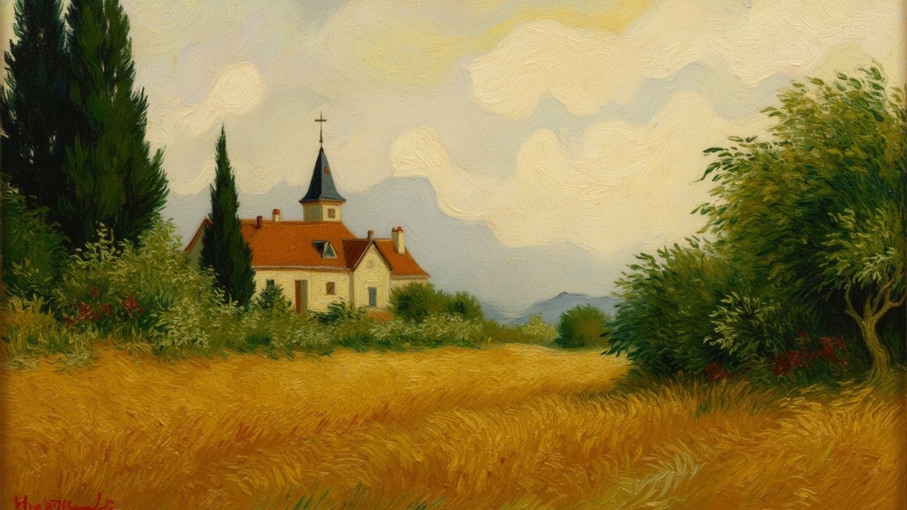 Picturesque Landscape of Wheat Field and Rustic House