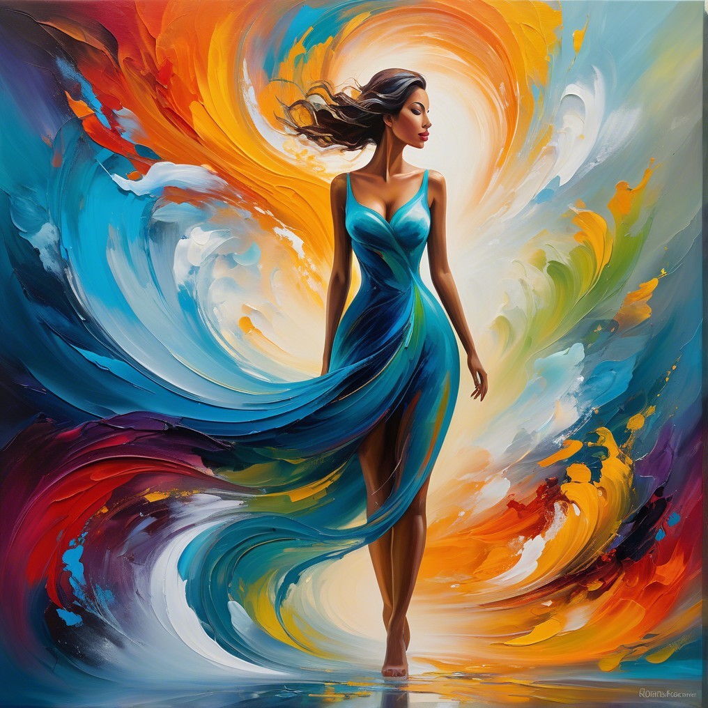 Vibrant Painting of Woman in Teal Dress and Swirling Colors