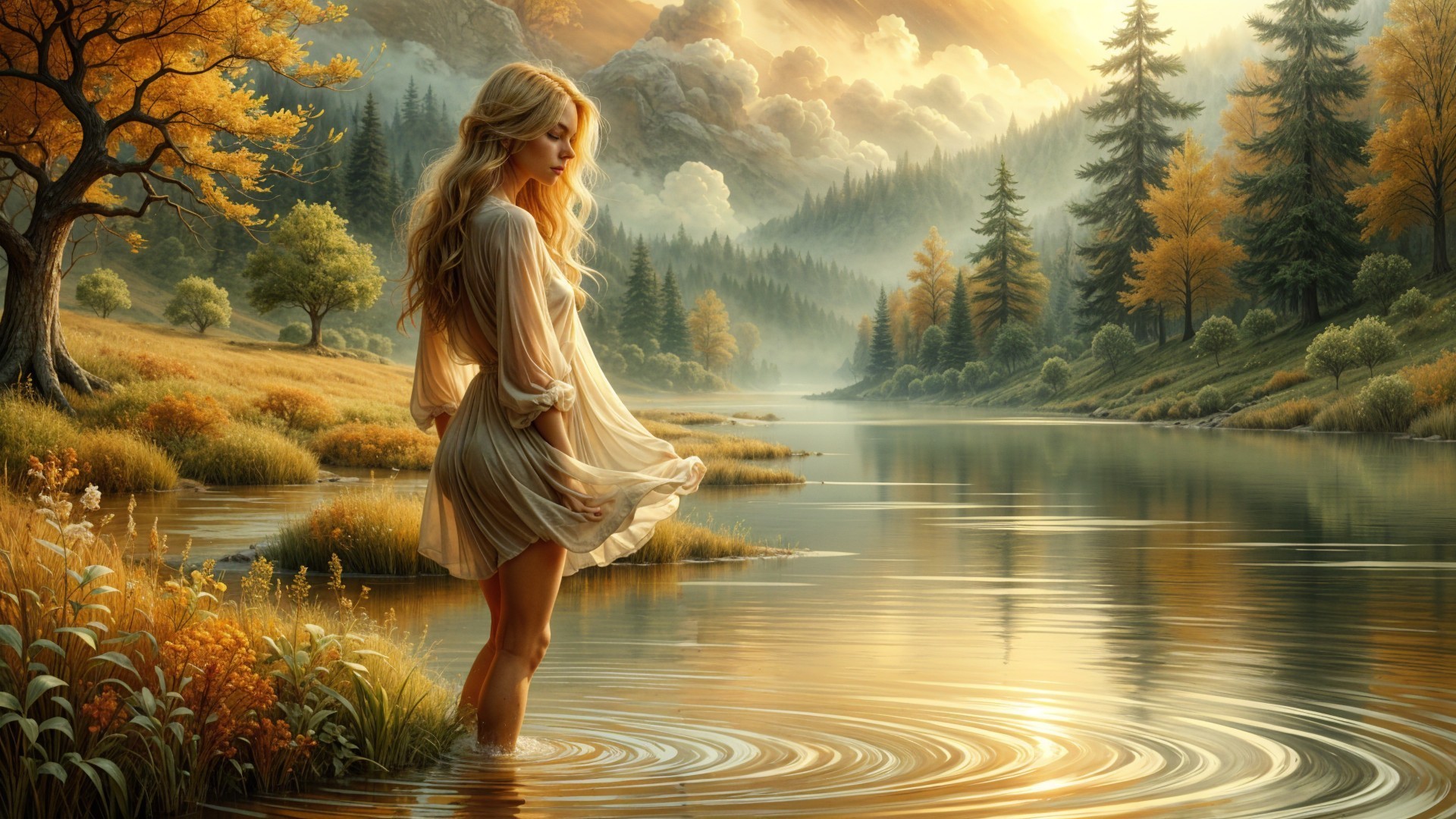 Serene landscape with a woman in a tranquil river