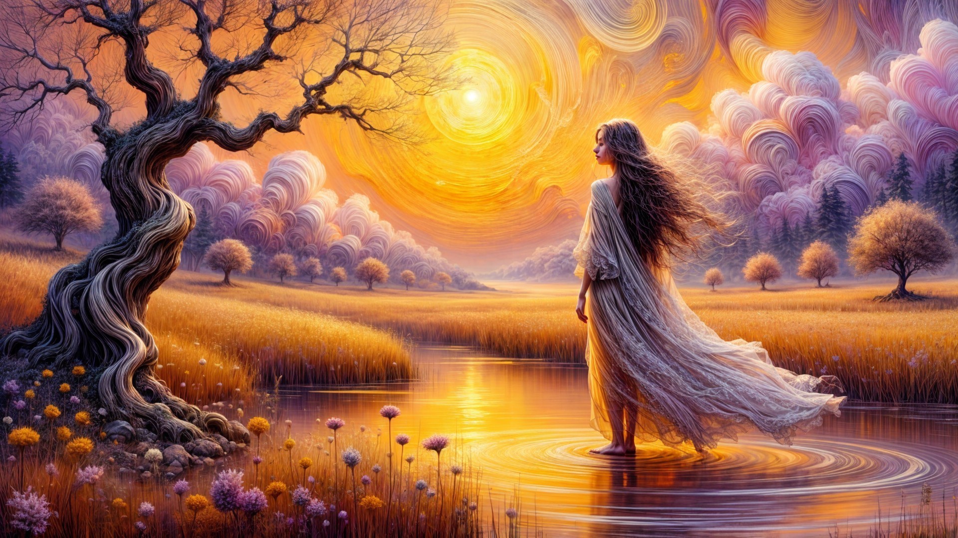 Serene Sunset Landscape with Woman in Tranquil Pond