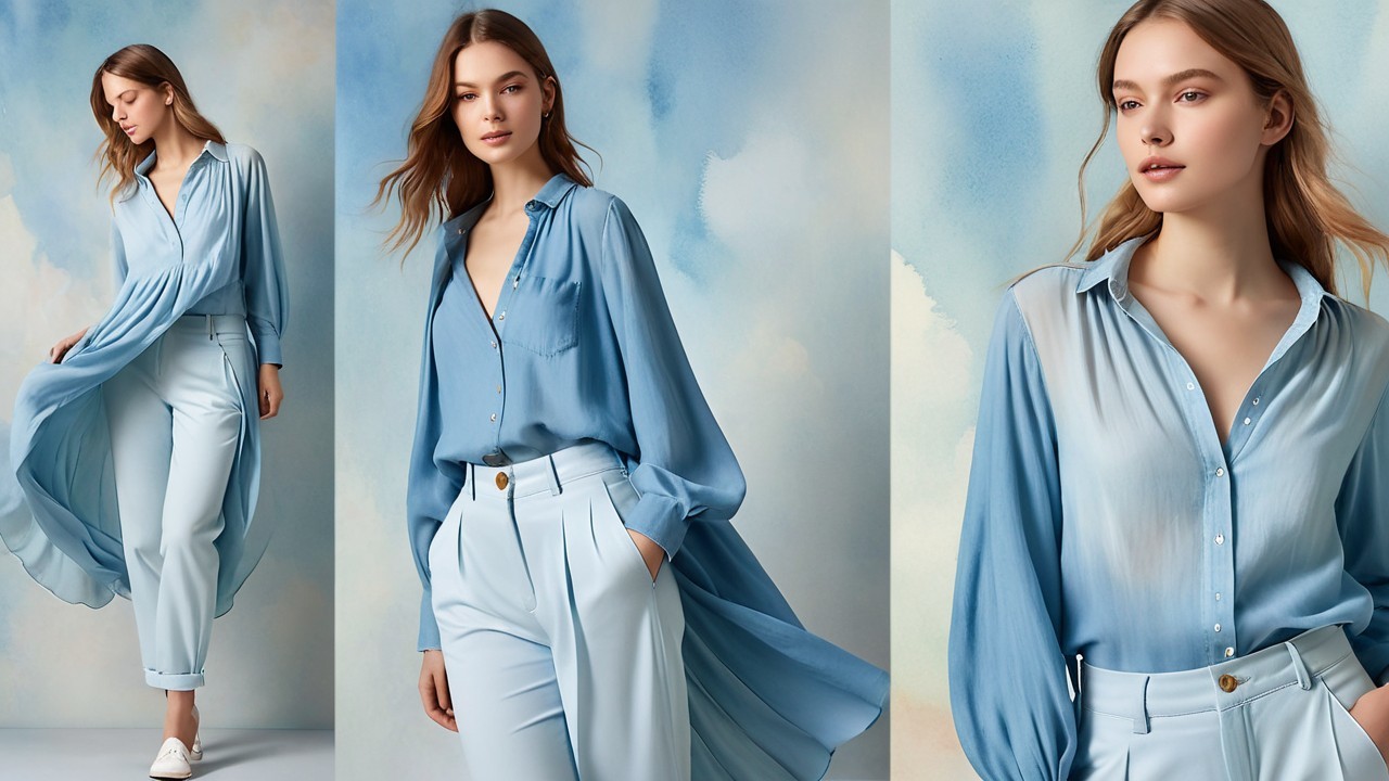 Light Blue Blouse and Tailored Trousers Outfit Display
