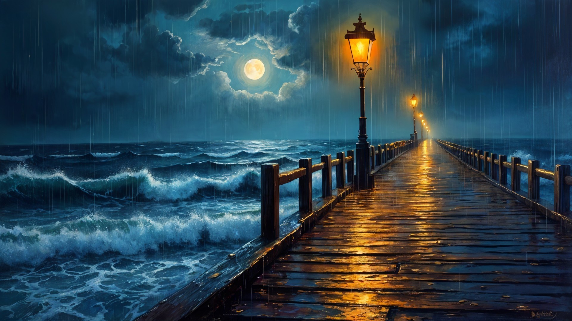 Moonlit Pier Overlooking Turbulent Sea and Rain