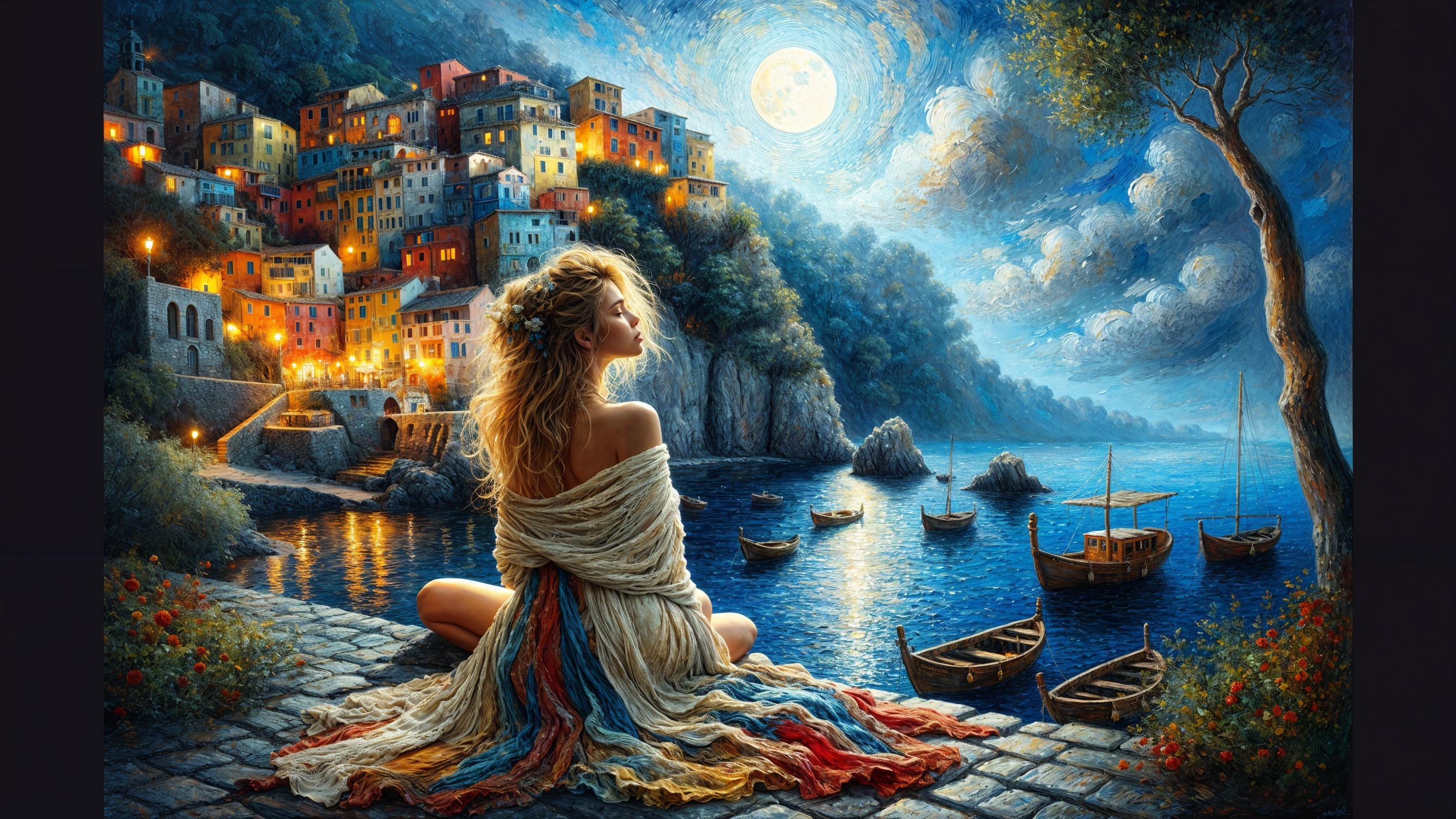 Moonlit Scene of Woman by Water with Colorful Houses