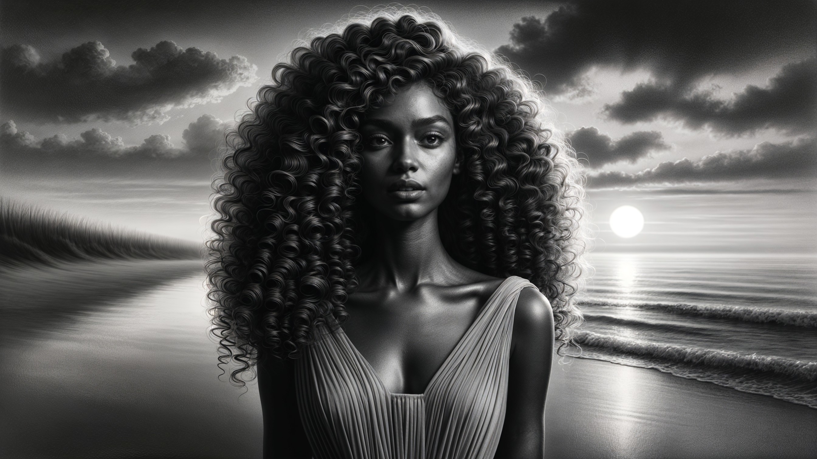 Black-and-white portrait of a woman at sunset beach