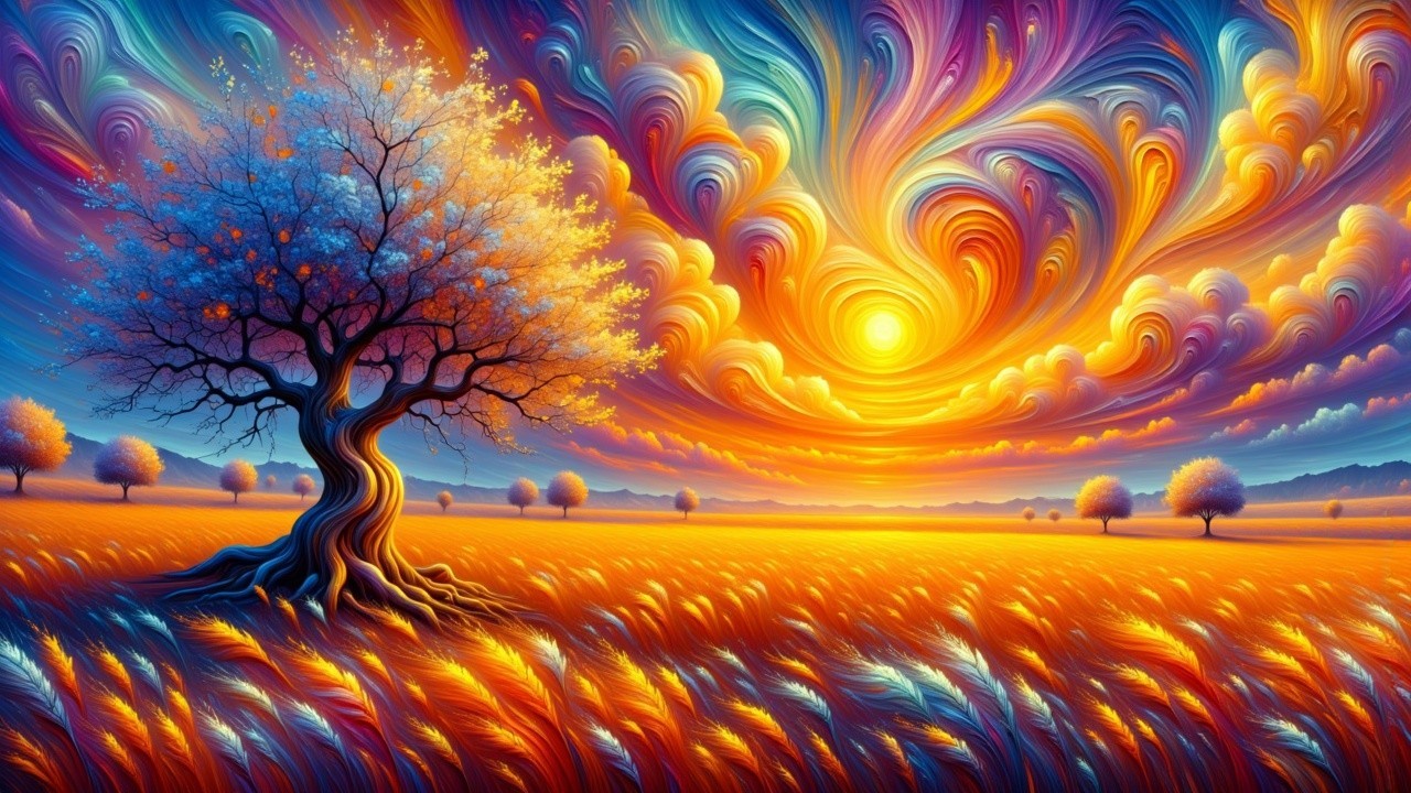 Vibrant landscape with a lone tree and swirling sky