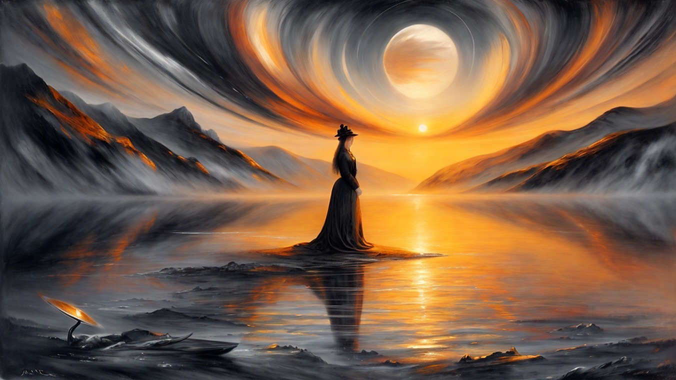 Silhouette in Black Gown at Sunset on Island