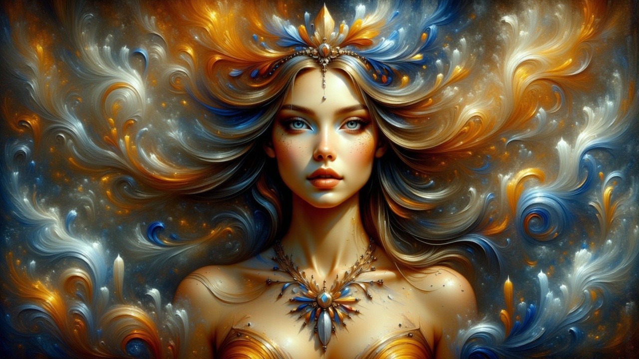 Digital Portrait of a Woman with Vibrant Hair and Jewelry