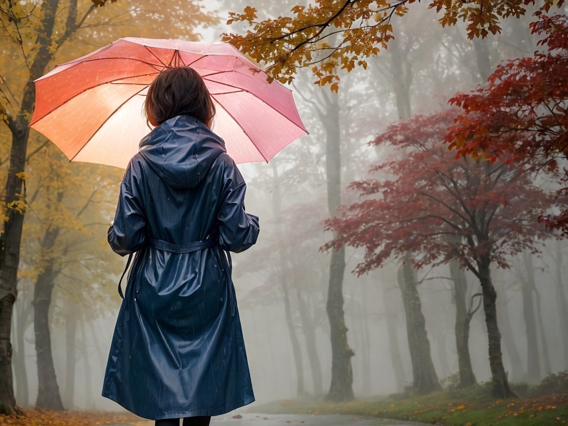 Person with pink umbrella in foggy autumn forest
