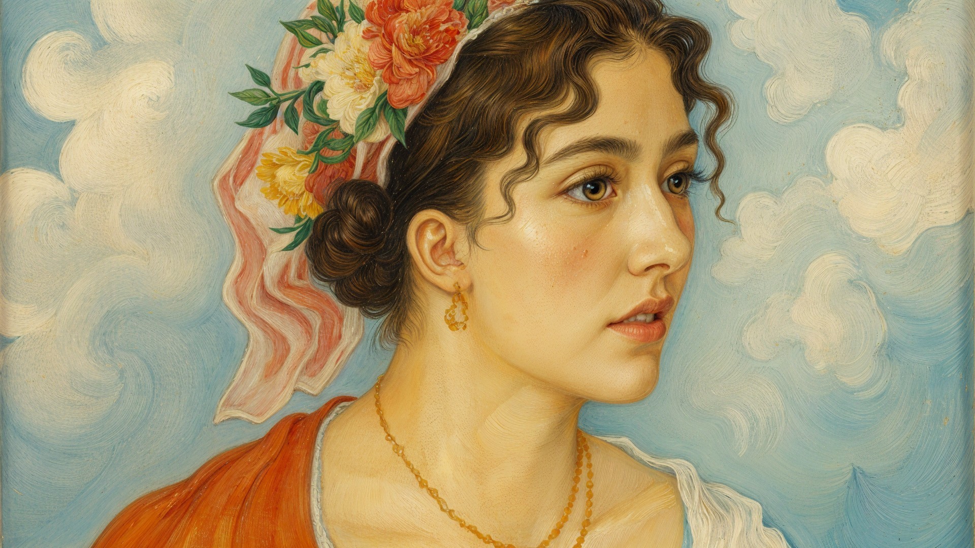 Close-Up Portrait of a Woman with Flowers and Scarf