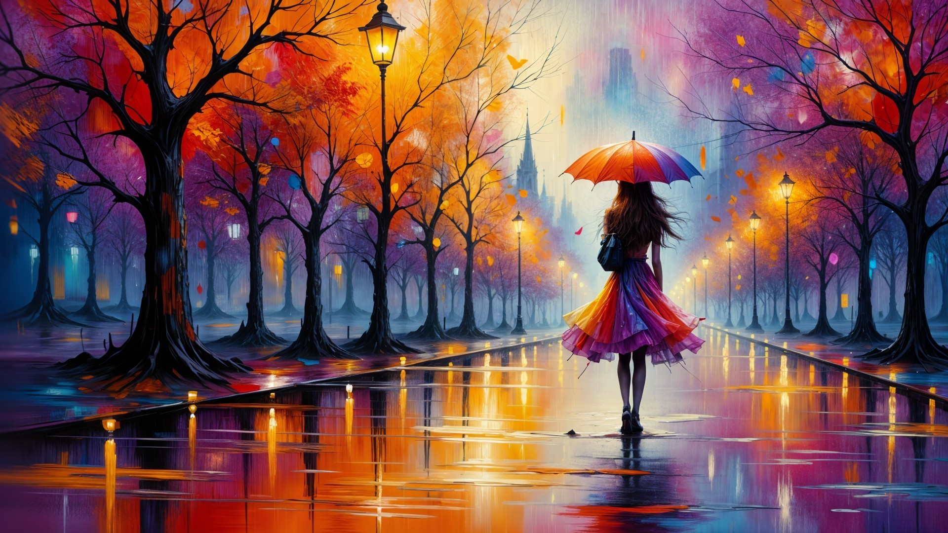 Lone Figure with Red Umbrella on Autumn Pathway