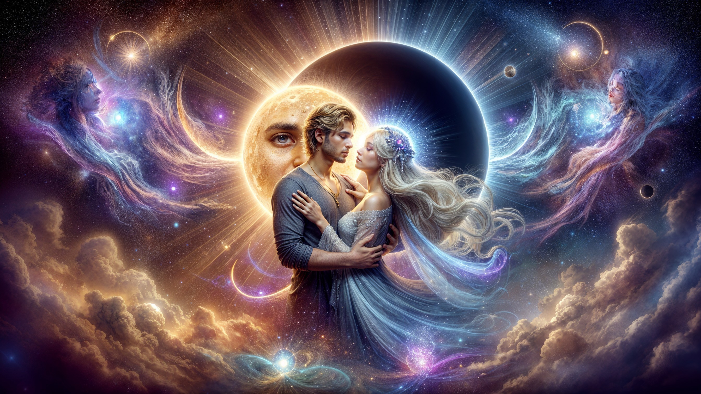 Couple Embraced Under Cosmic Solar Eclipse Scene