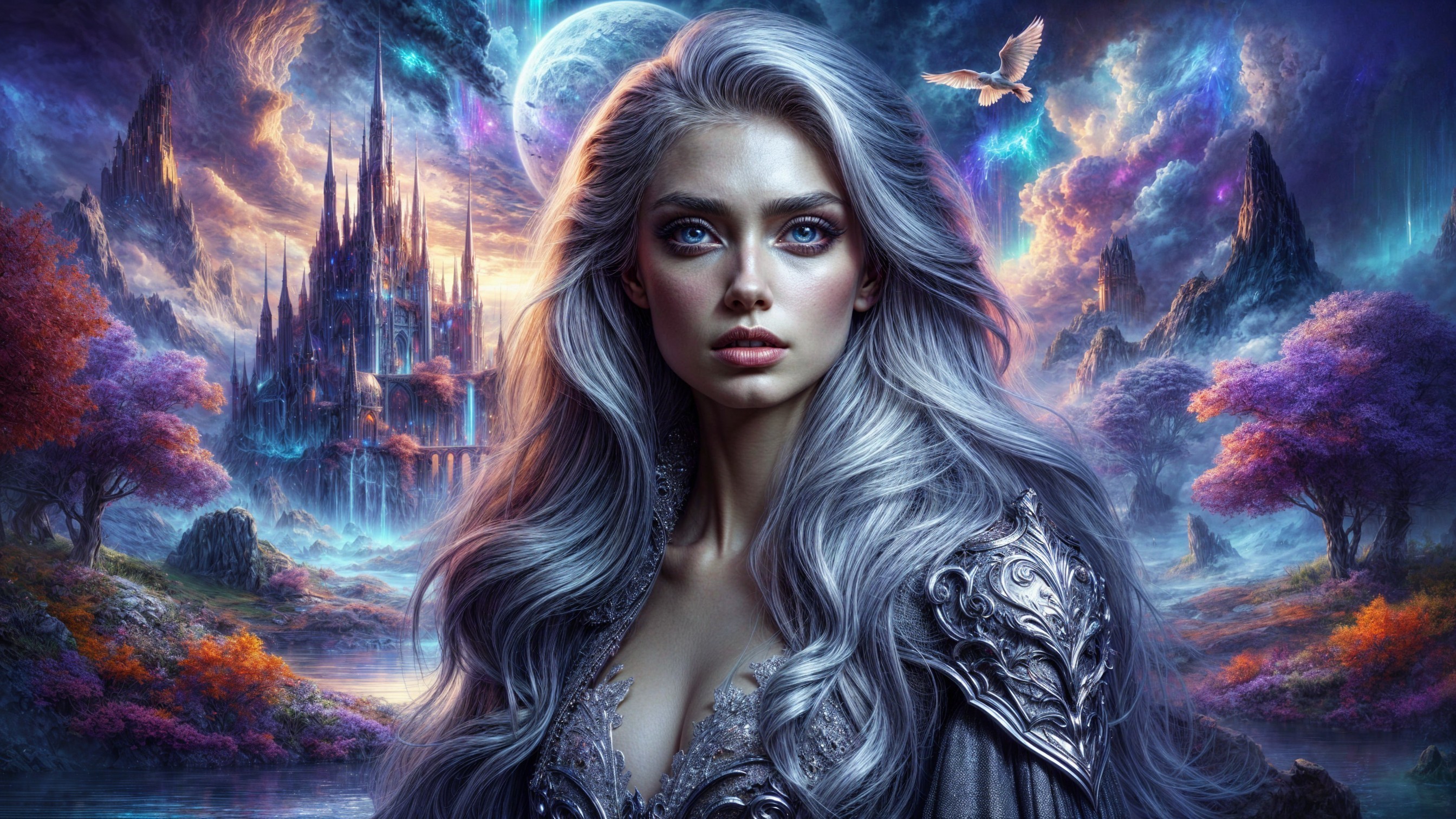 Fantasy Landscape with Silver-Haired Woman and Castle