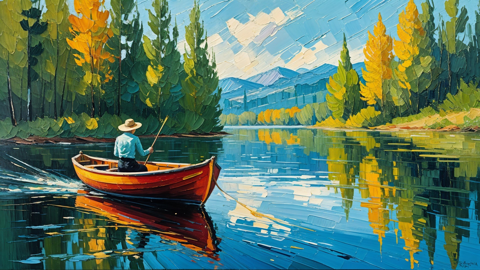 Lone Fisherman in Red Boat on Calm River Landscape